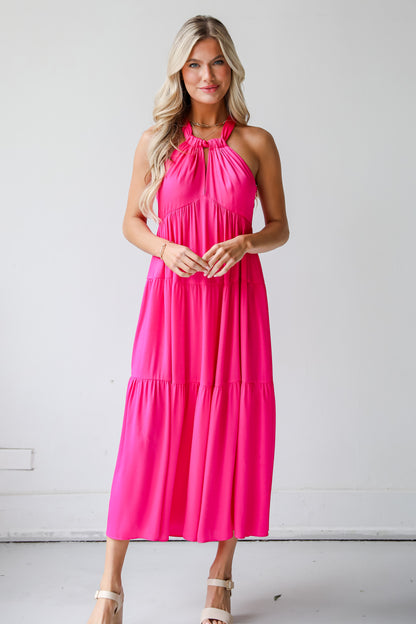 cute pink Satin Tiered Maxi Dress