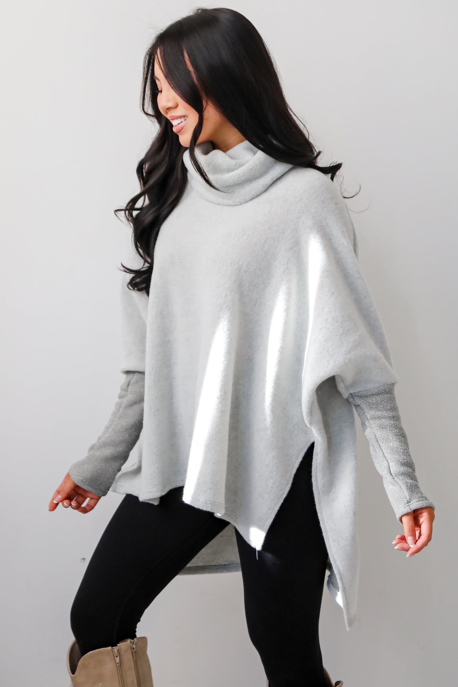 Cozy Weekends Heather Olive Soft Knit Cowl Neck Top