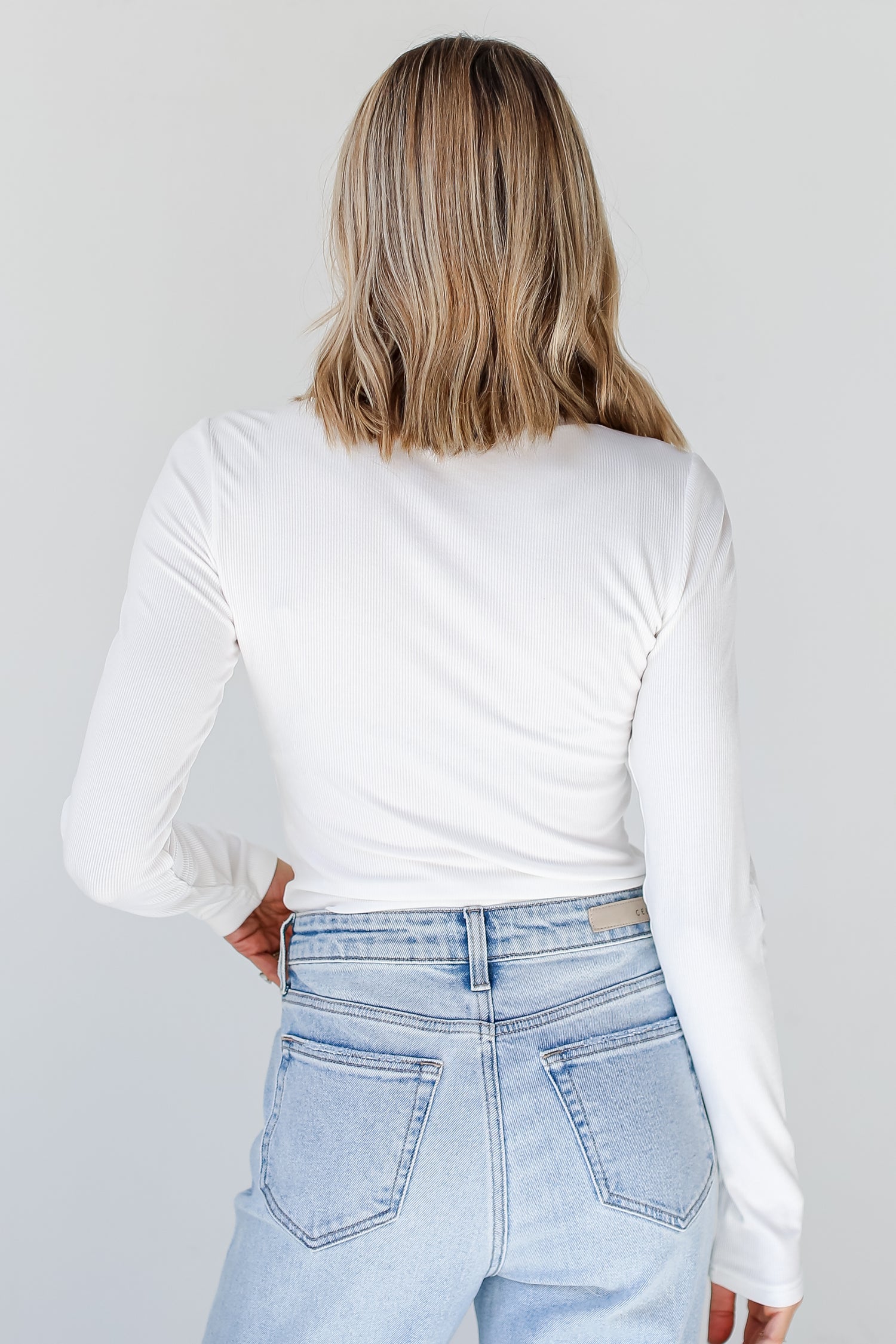 basic white Ribbed Henley Bodysuit back view