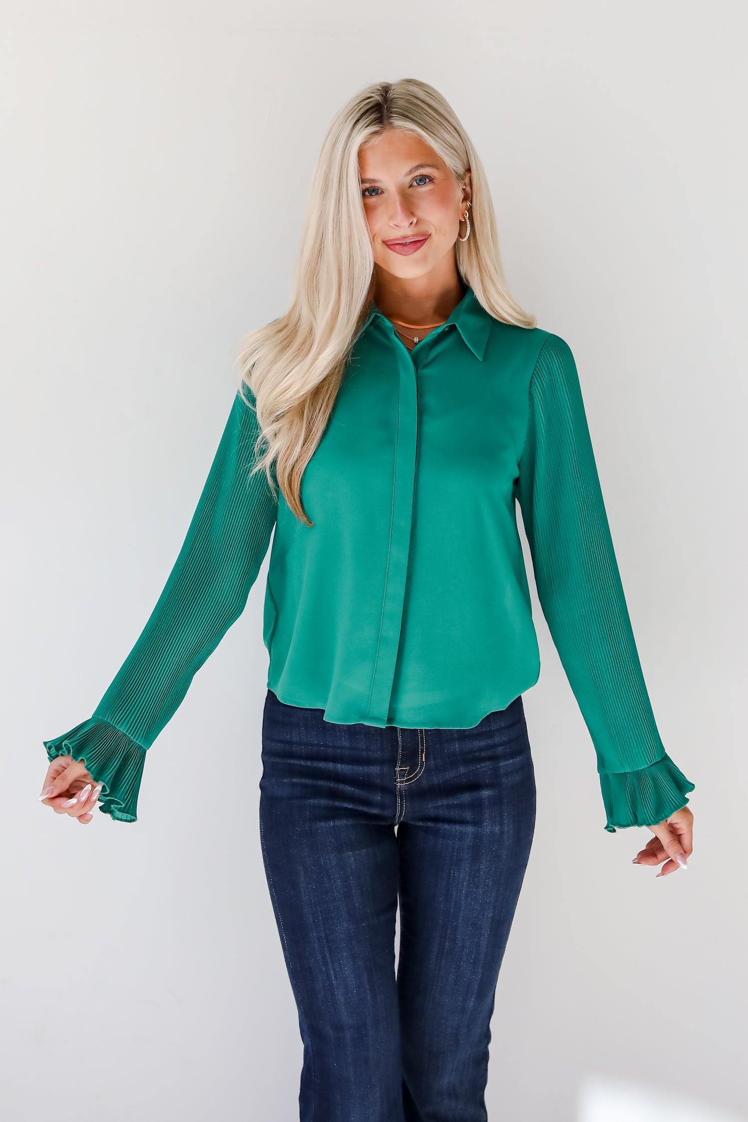 Unbelievable Energy Hunter Green Plisse Blouse