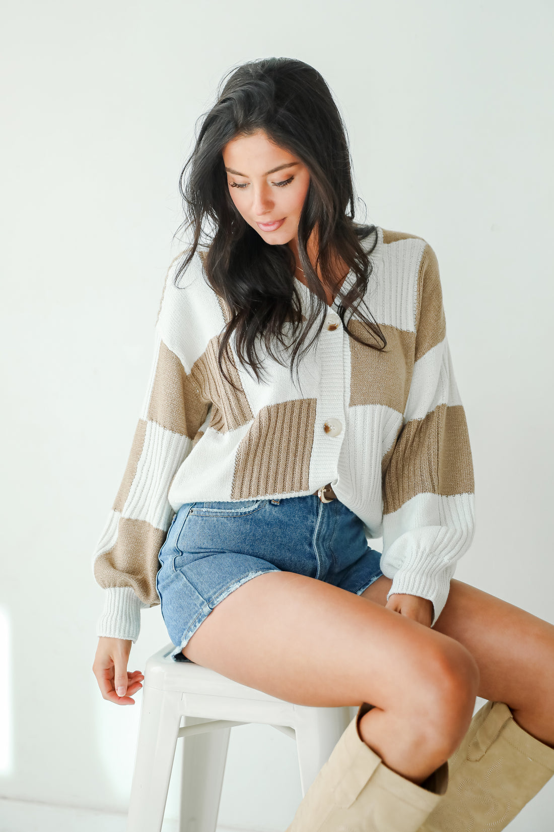 Carefree Agenda Ivory Checkered Sweater Cardigan