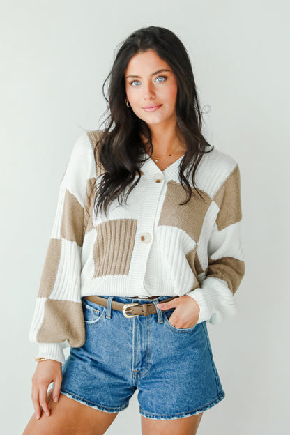 Carefree Agenda Ivory Checkered Sweater Cardigan