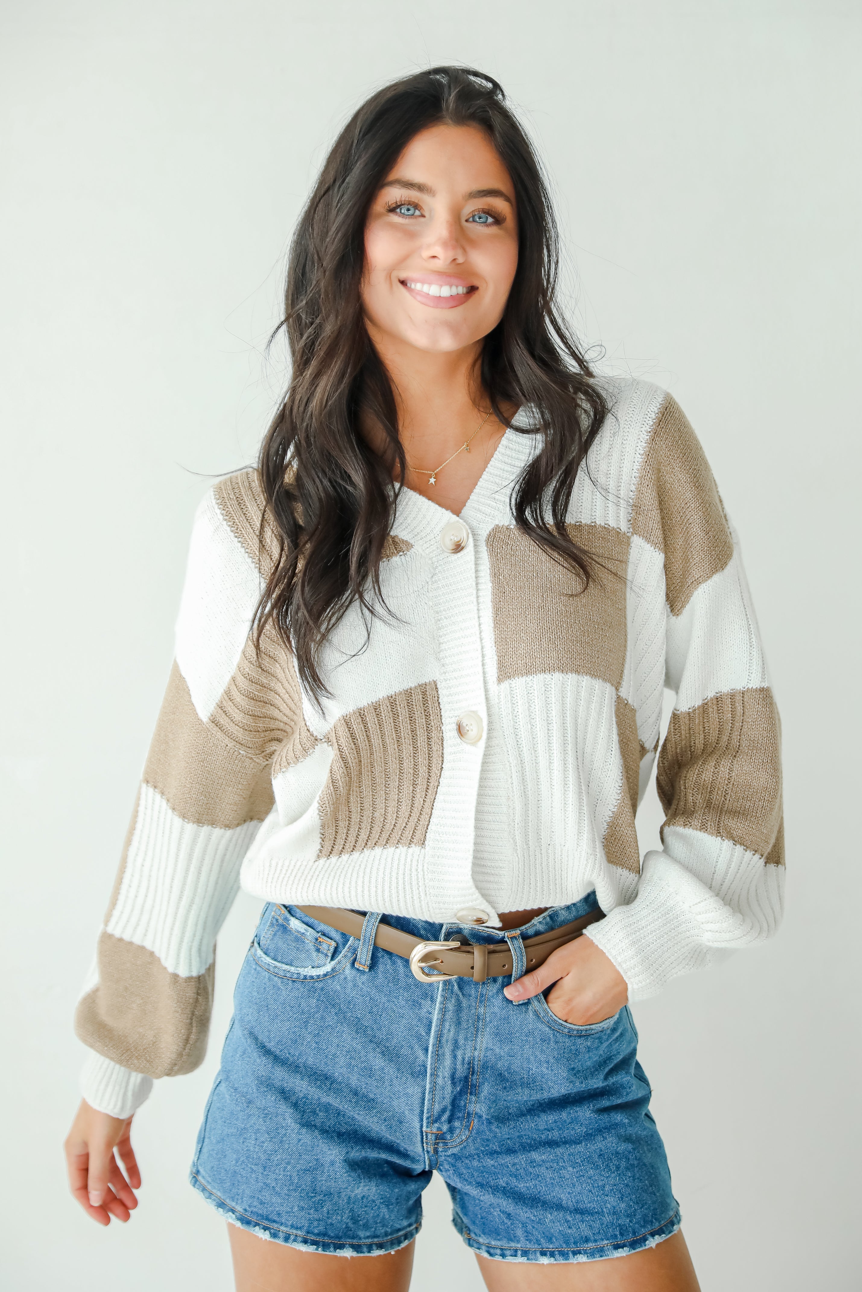 Carefree Agenda Ivory Checkered Sweater Cardigan