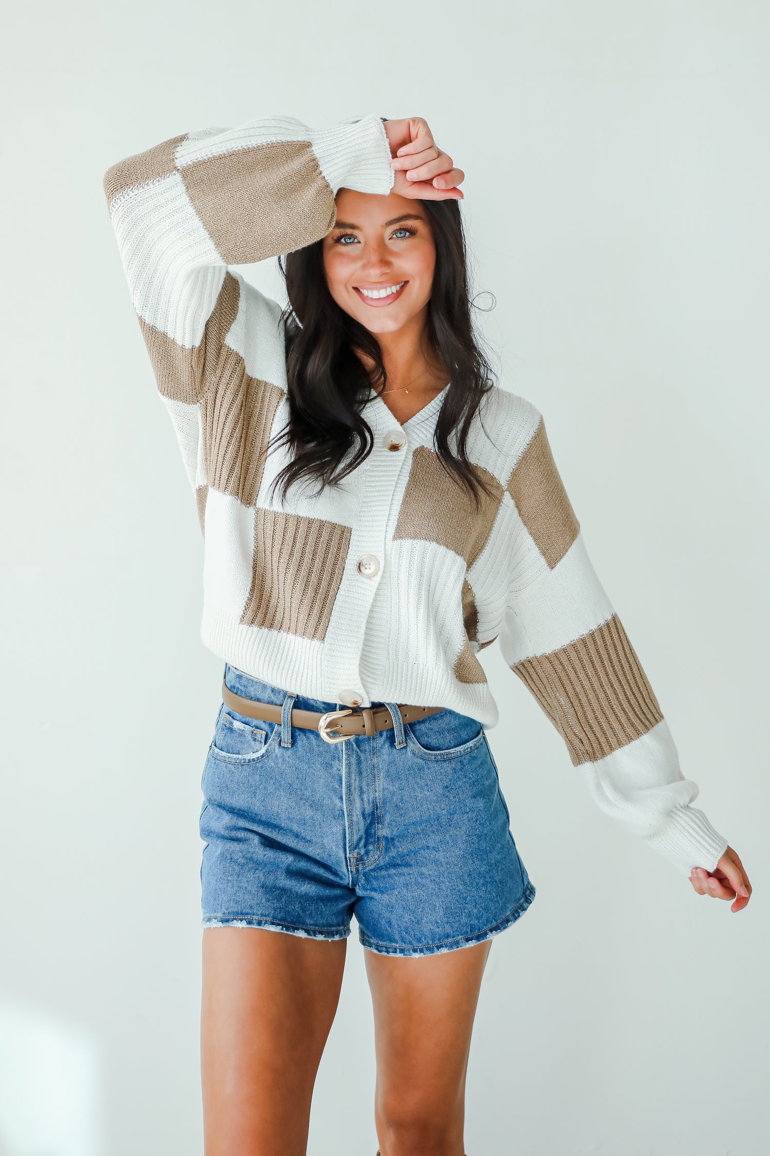 Carefree Agenda Ivory Checkered Sweater Cardigan