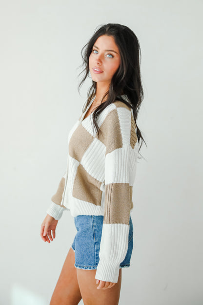 Carefree Agenda Ivory Checkered Sweater Cardigan