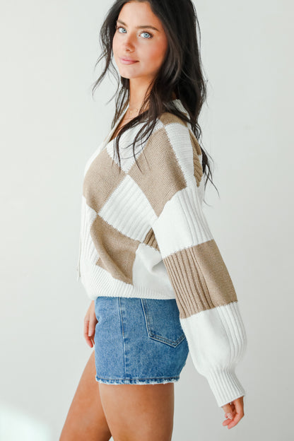 Carefree Agenda Ivory Checkered Sweater Cardigan