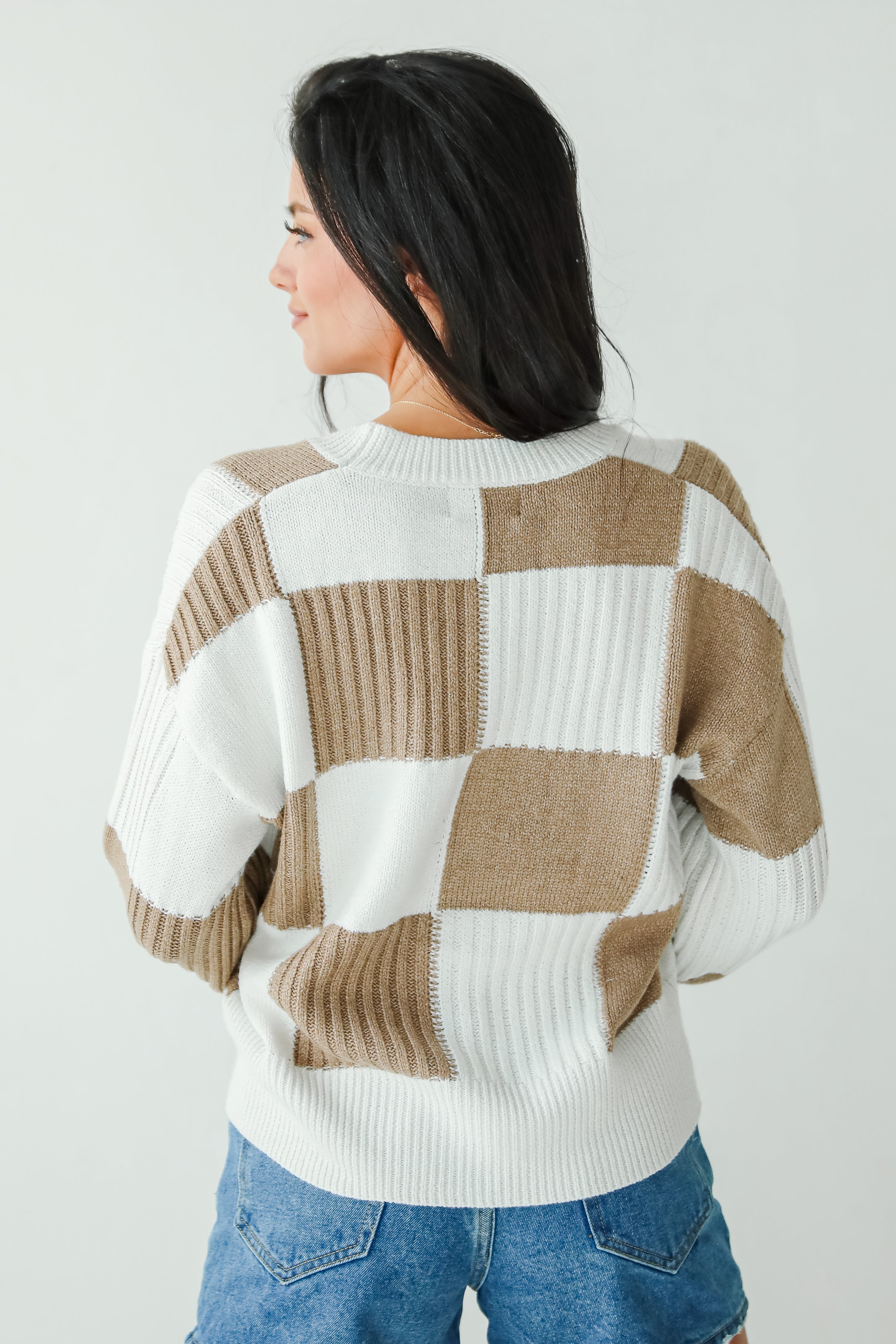 Carefree Agenda Ivory Checkered Sweater Cardigan