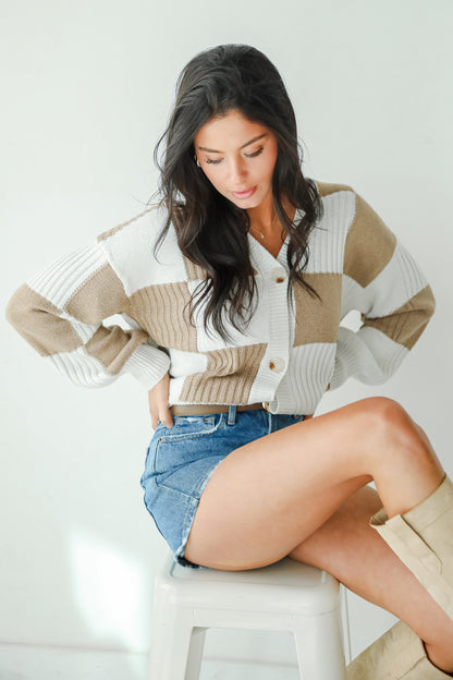 Carefree Agenda Ivory Checkered Sweater Cardigan