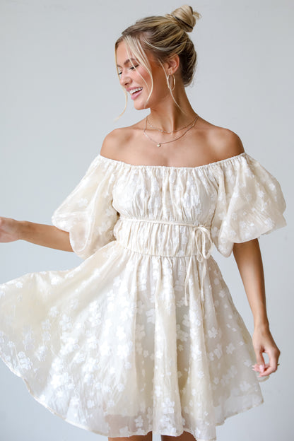 Garden Radiance Ivory Floral Puff Sleeve Mini Dress