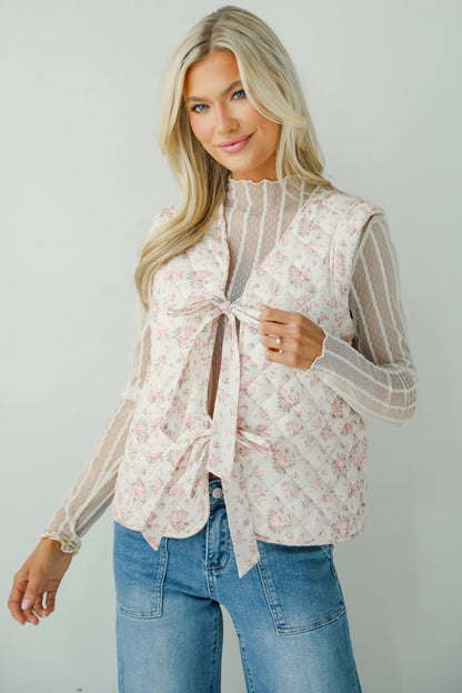 Sincerely Romantic Ivory Floral Quilted Tie Vest