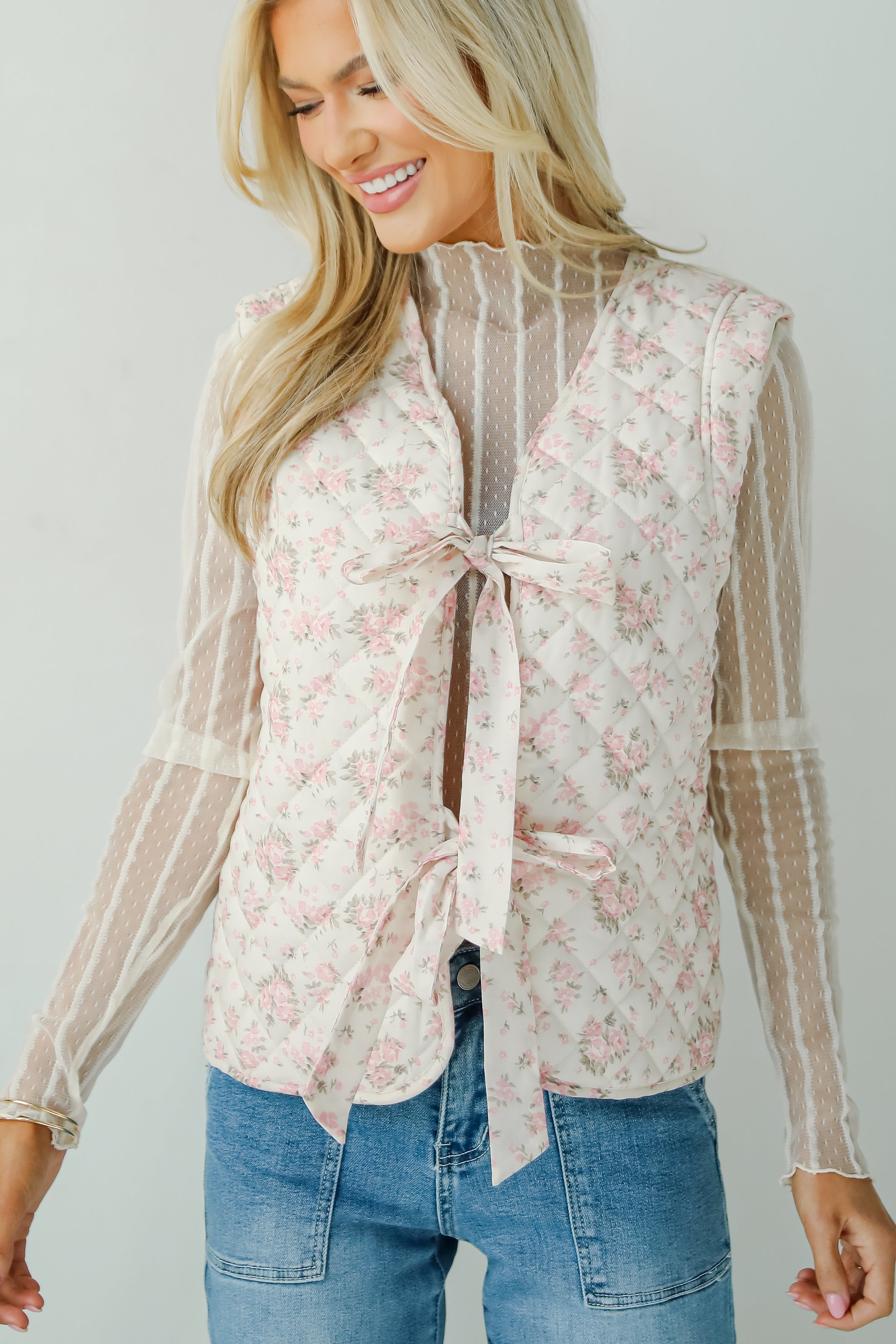 Sincerely Romantic Ivory Floral Quilted Tie Vest