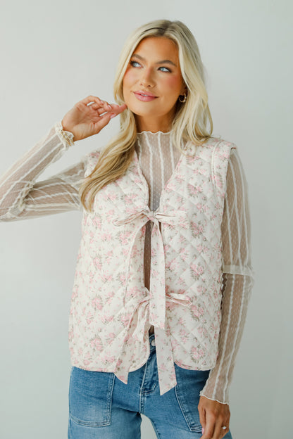 Sincerely Romantic Ivory Floral Quilted Tie Vest