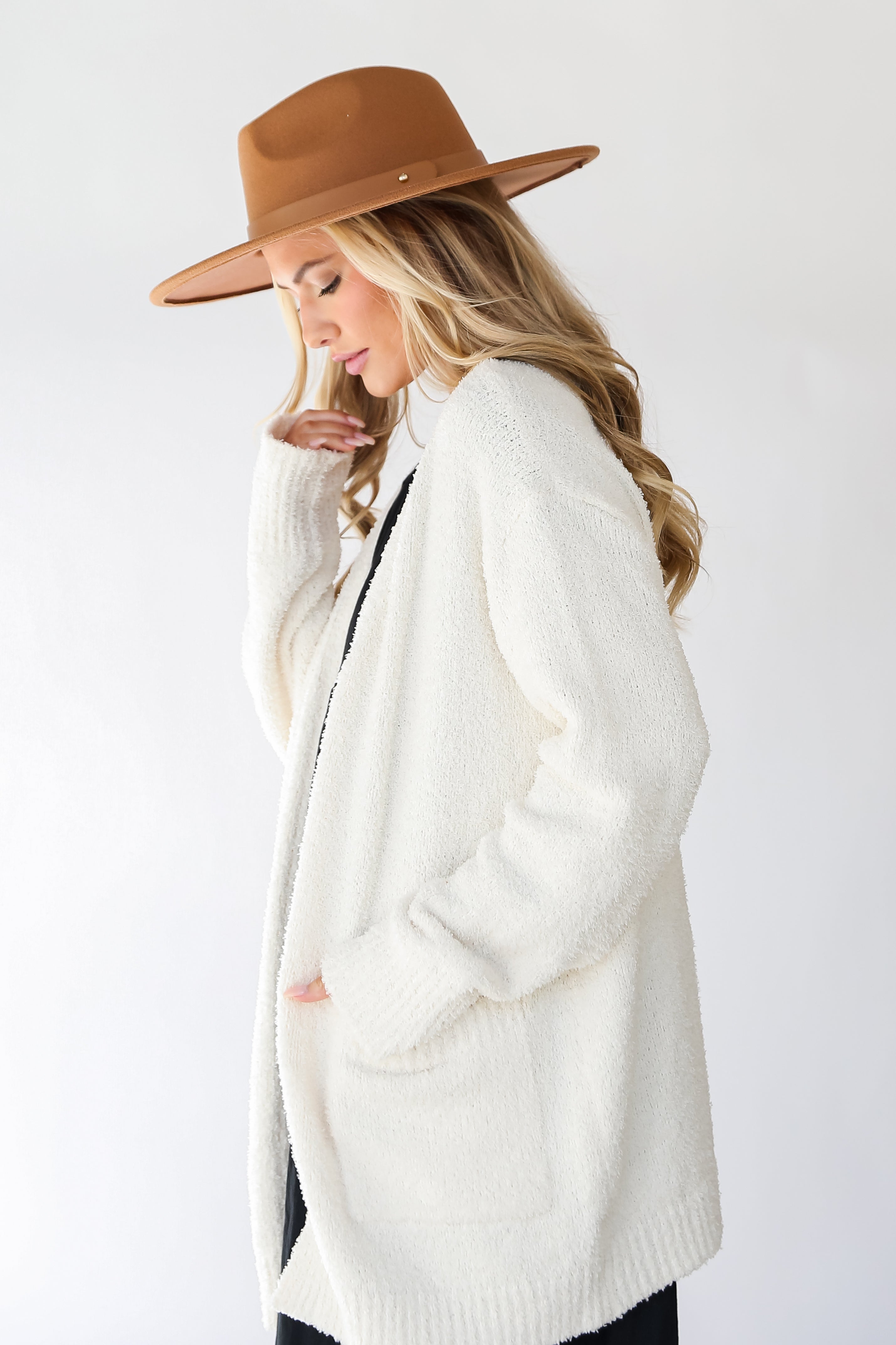 Ivory Fuzzy Knit Cardigan side view