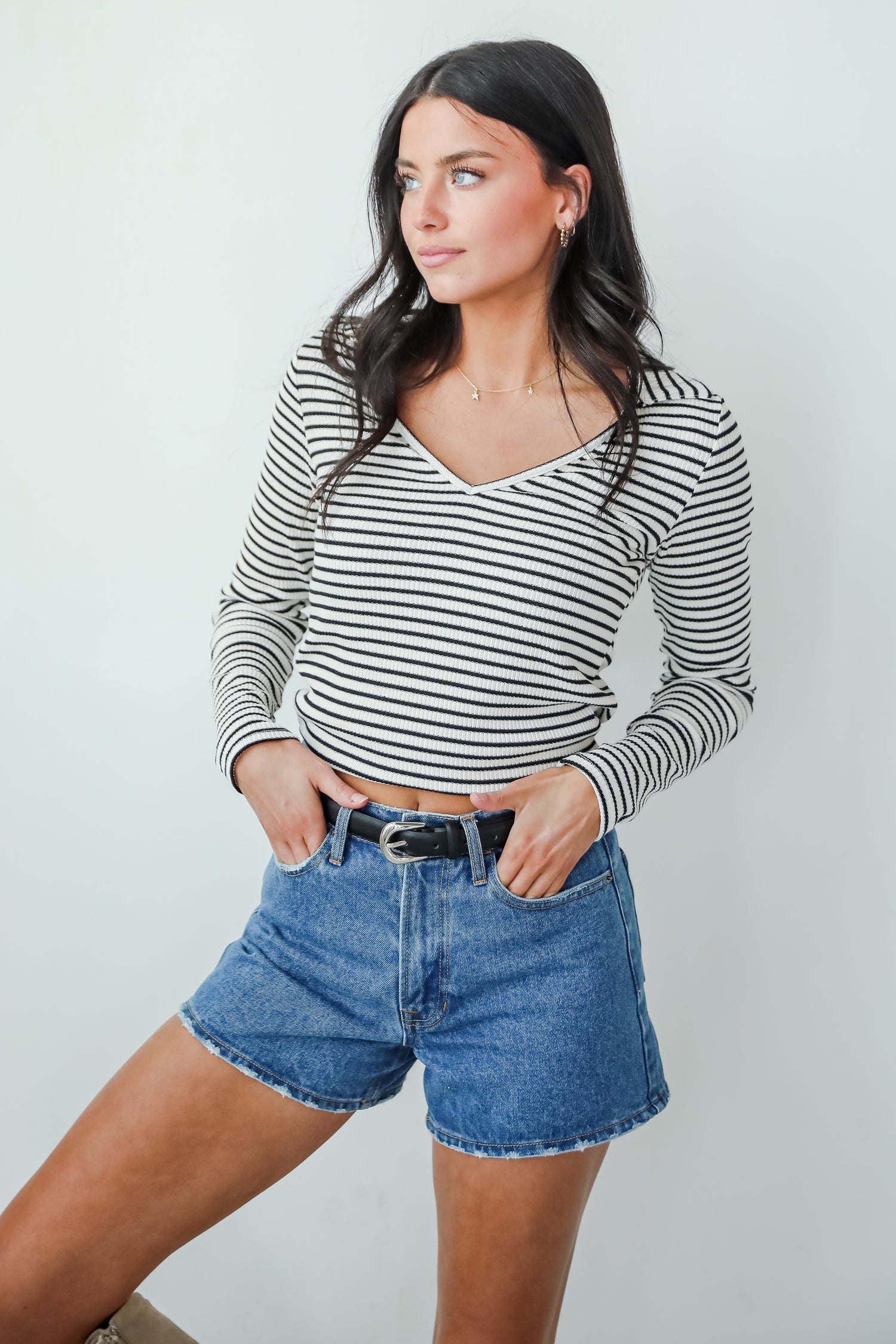 Chic Existence Ivory Striped Collared Top