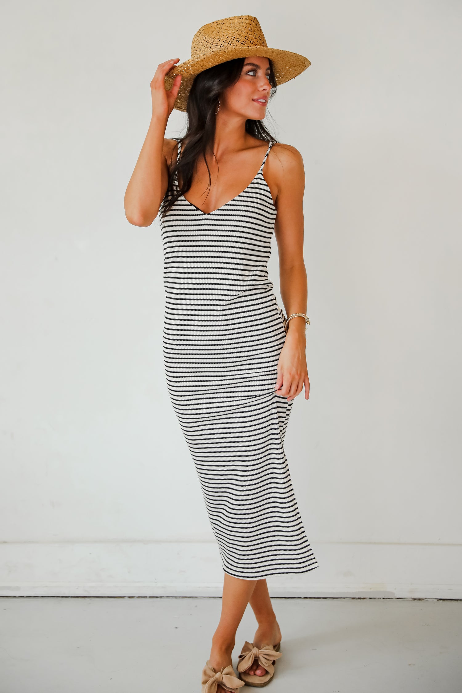 Impressive Edge Ivory Striped Knit Midi Dress