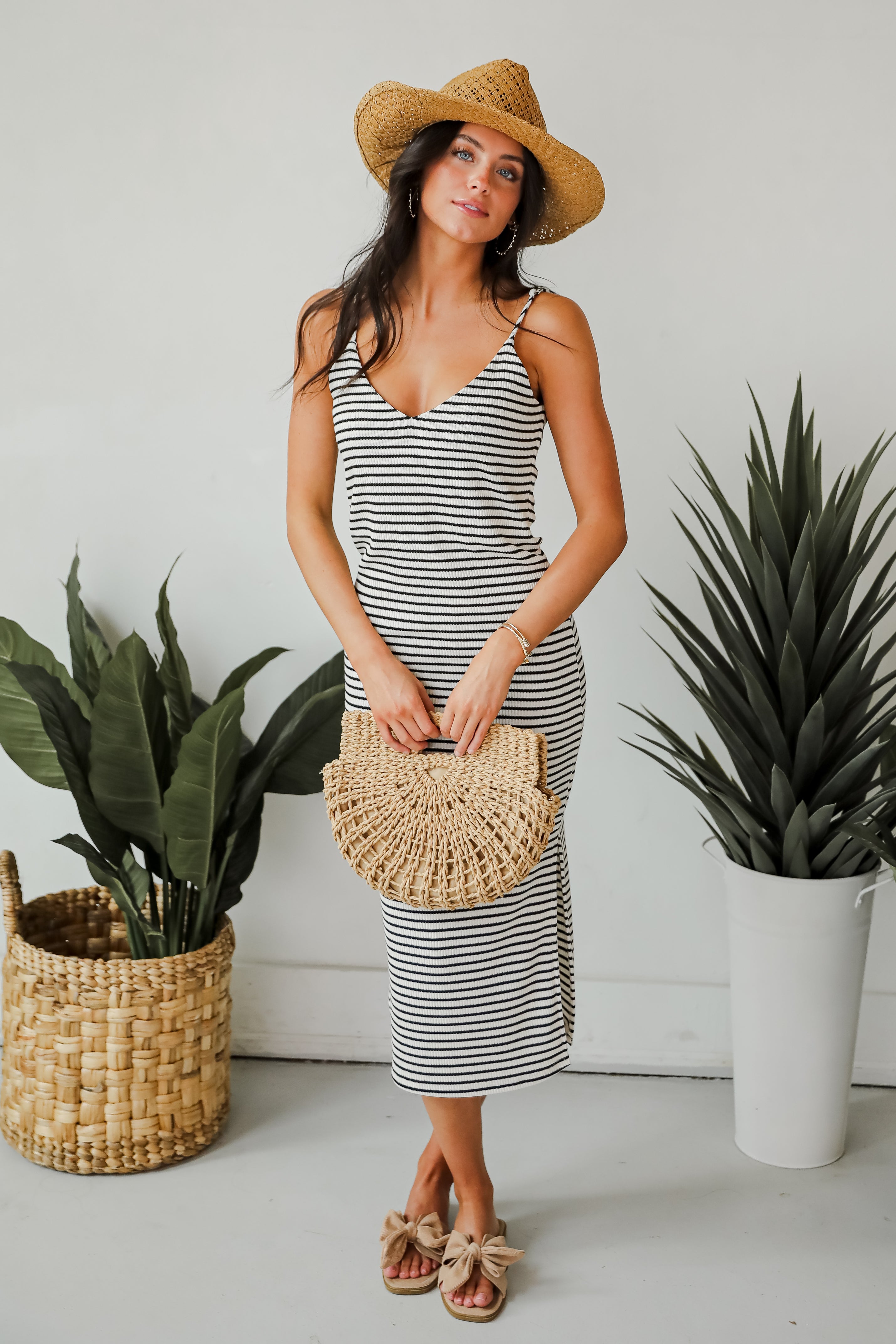 Impressive Edge Ivory Striped Knit Midi Dress