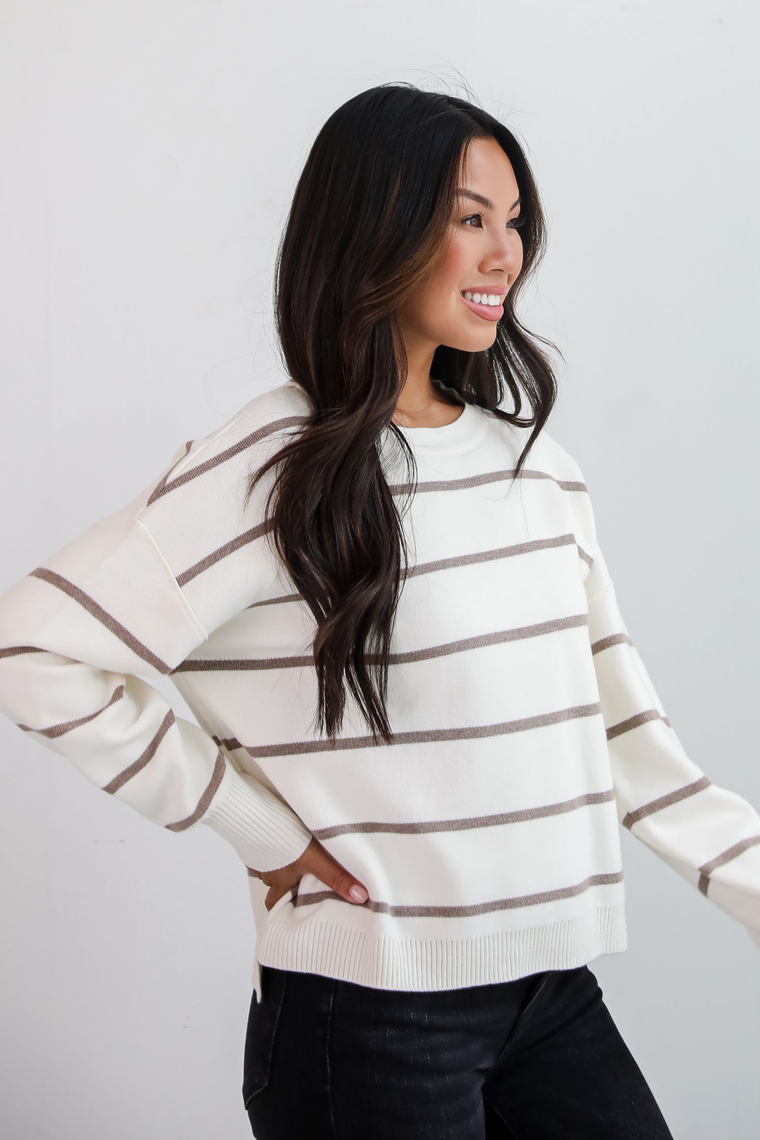 Coziest Poise Ivory Striped Sweater