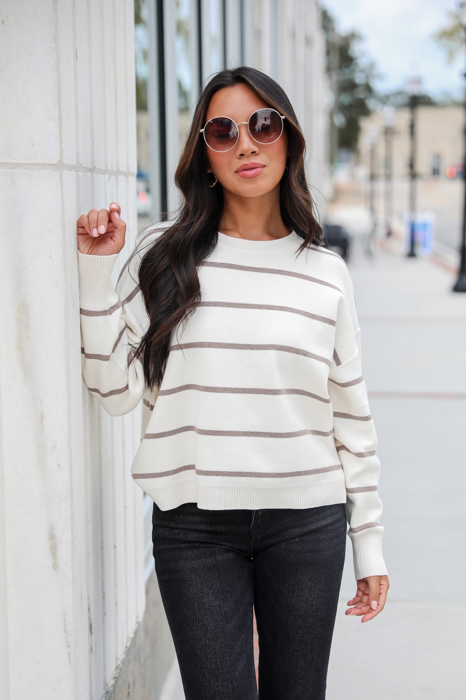 Coziest Poise Ivory Striped Sweater