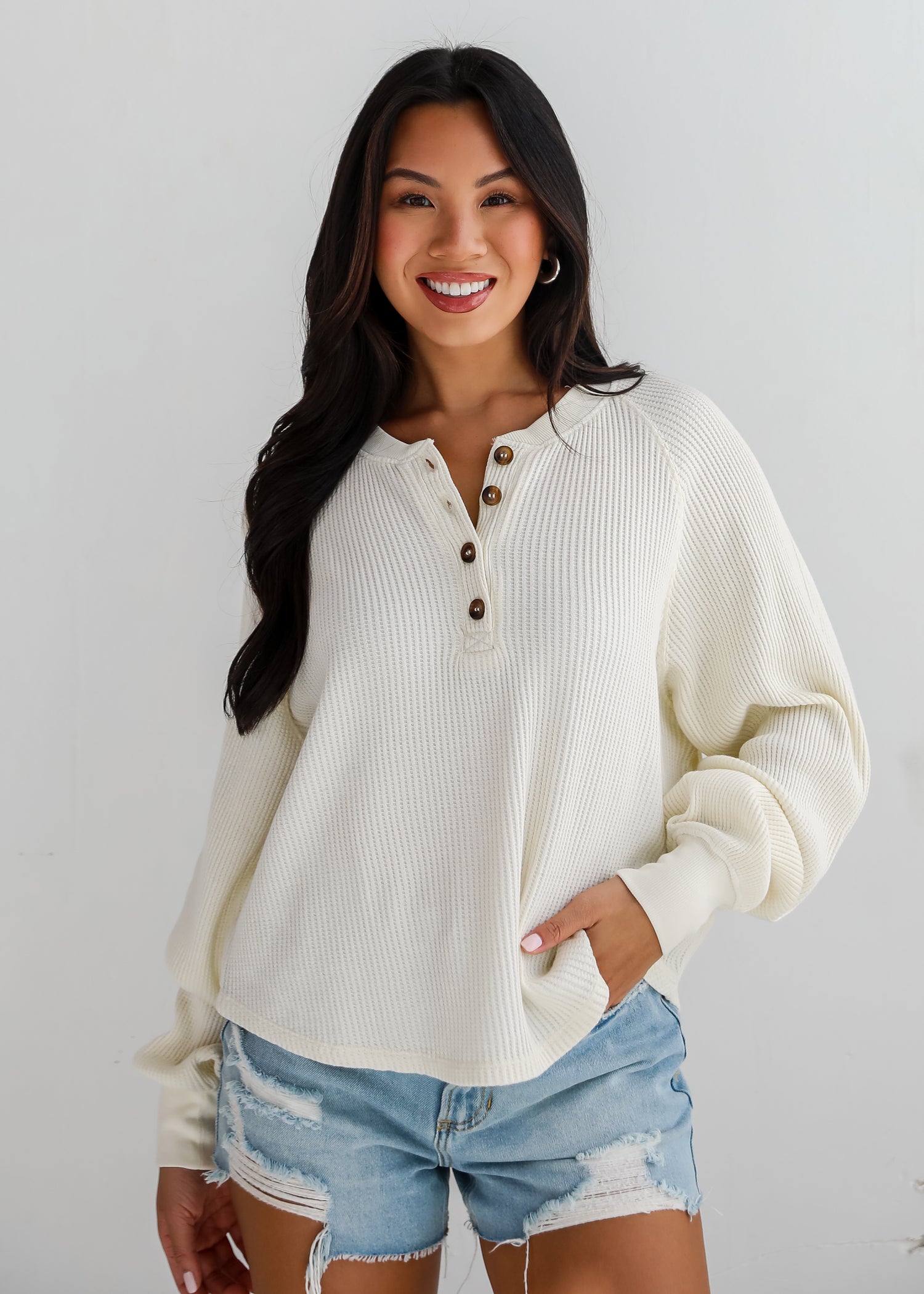 Relaxing Weekend Ivory Waffle Knit Henley Top