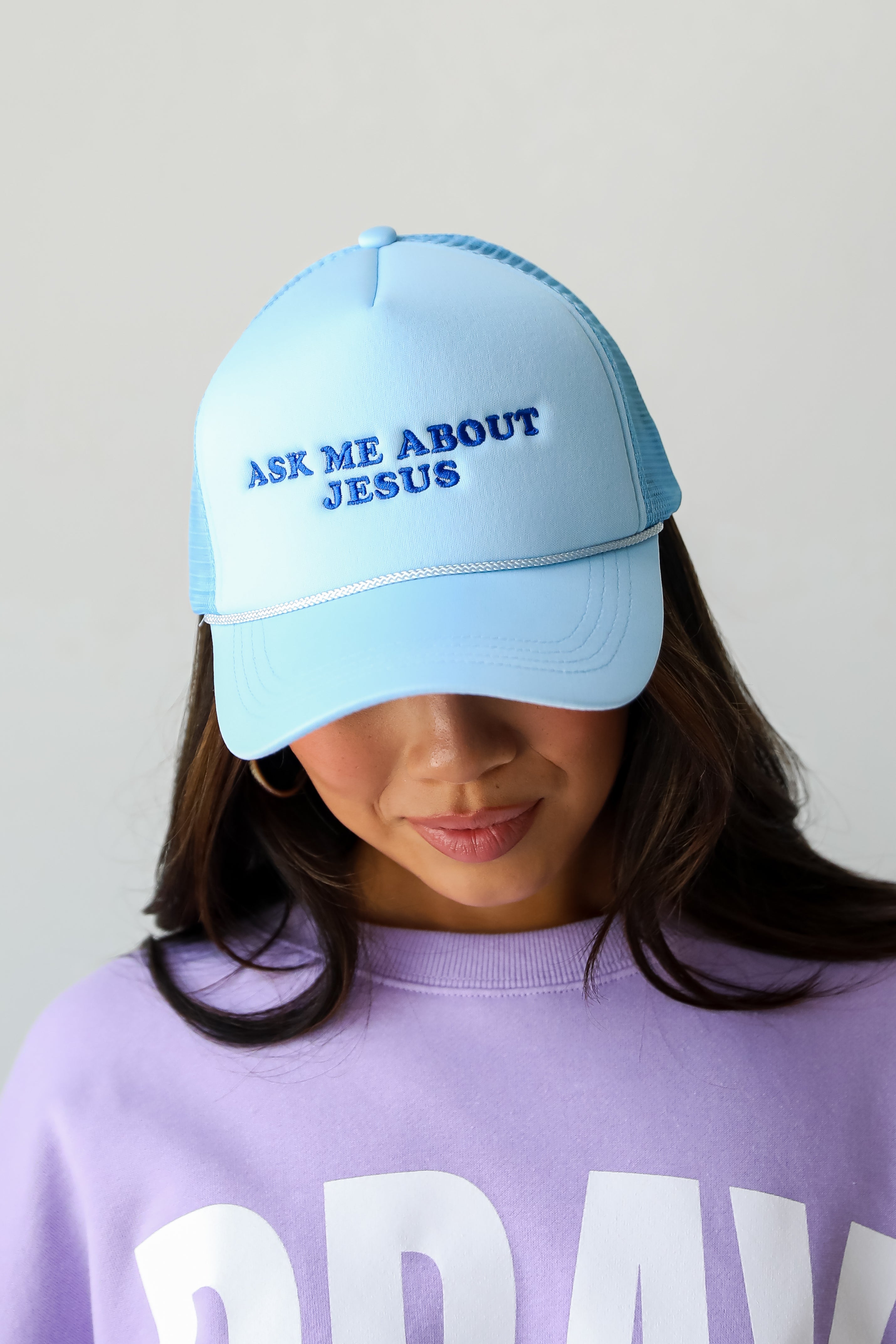 Light Blue Ask Me About Jesus Trucker Hat