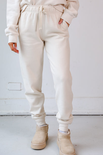 cream Fleece Jogger Sweatpants close up