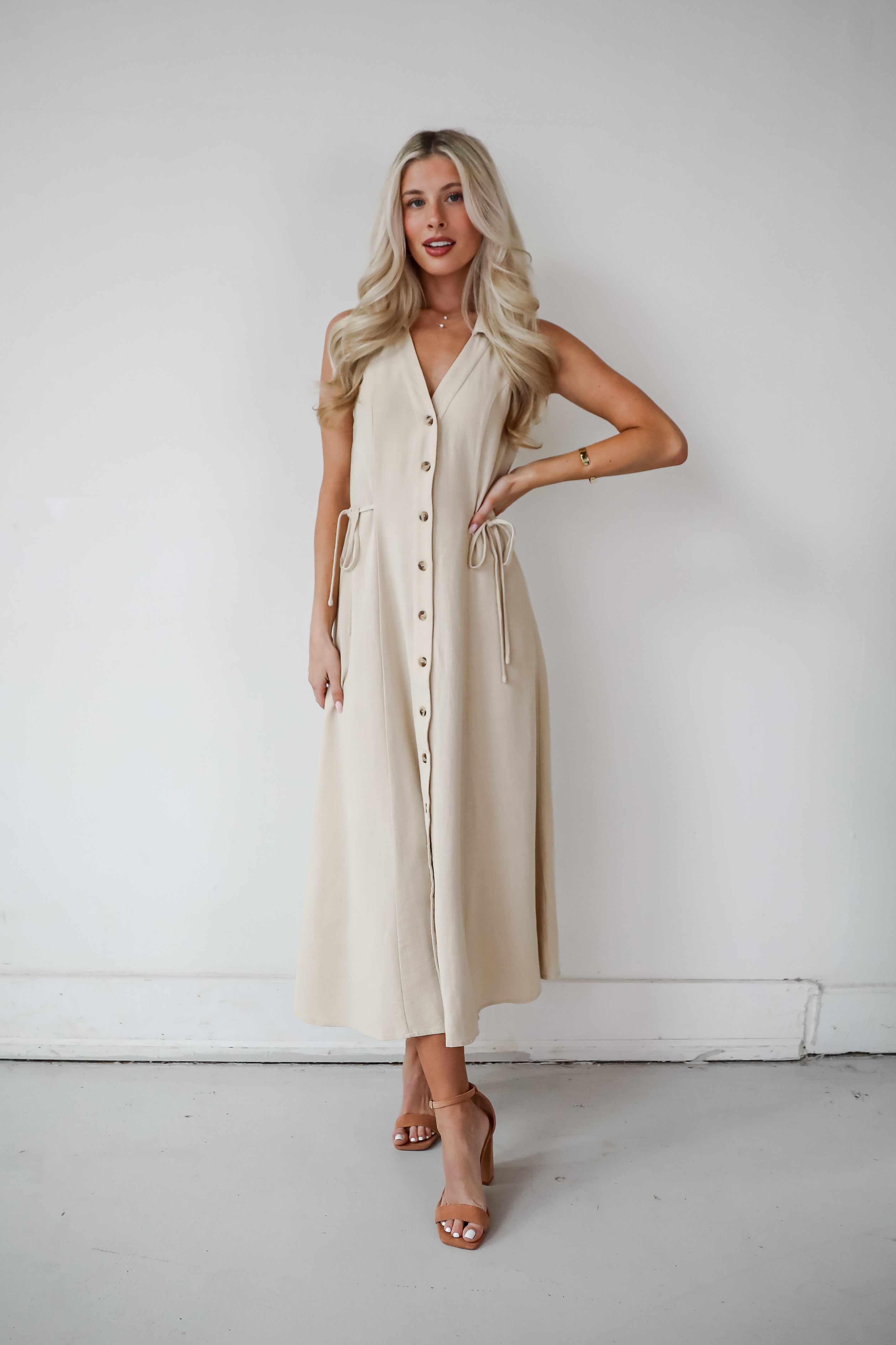 Sophisticated Company Khaki Button Front Maxi Dress