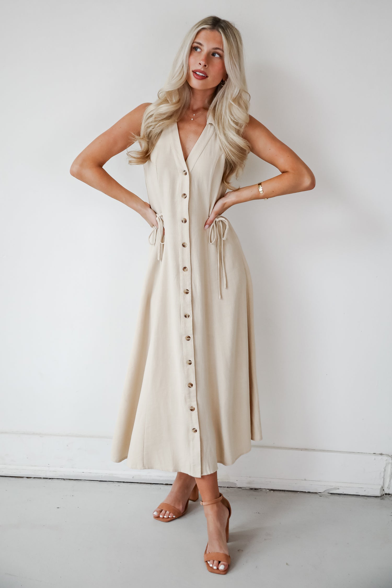 Sophisticated Company Khaki Button Front Maxi Dress