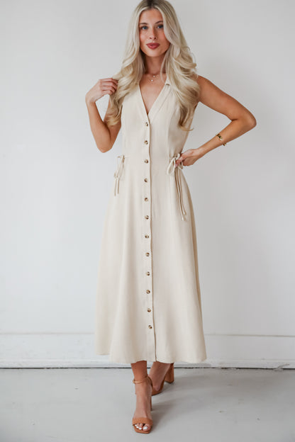 Sophisticated Company Khaki Button Front Maxi Dress