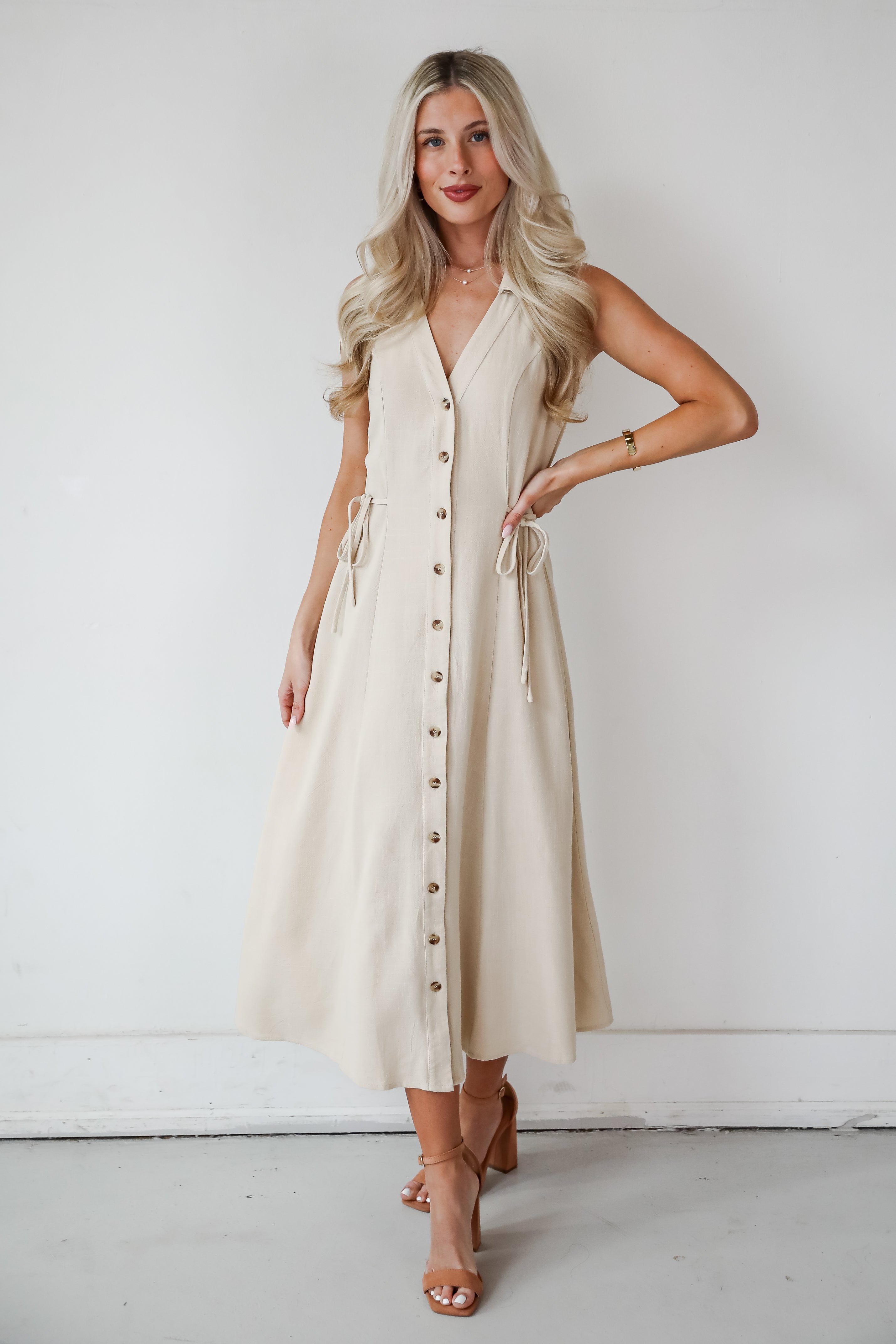 Sophisticated Company Khaki Button Front Maxi Dress