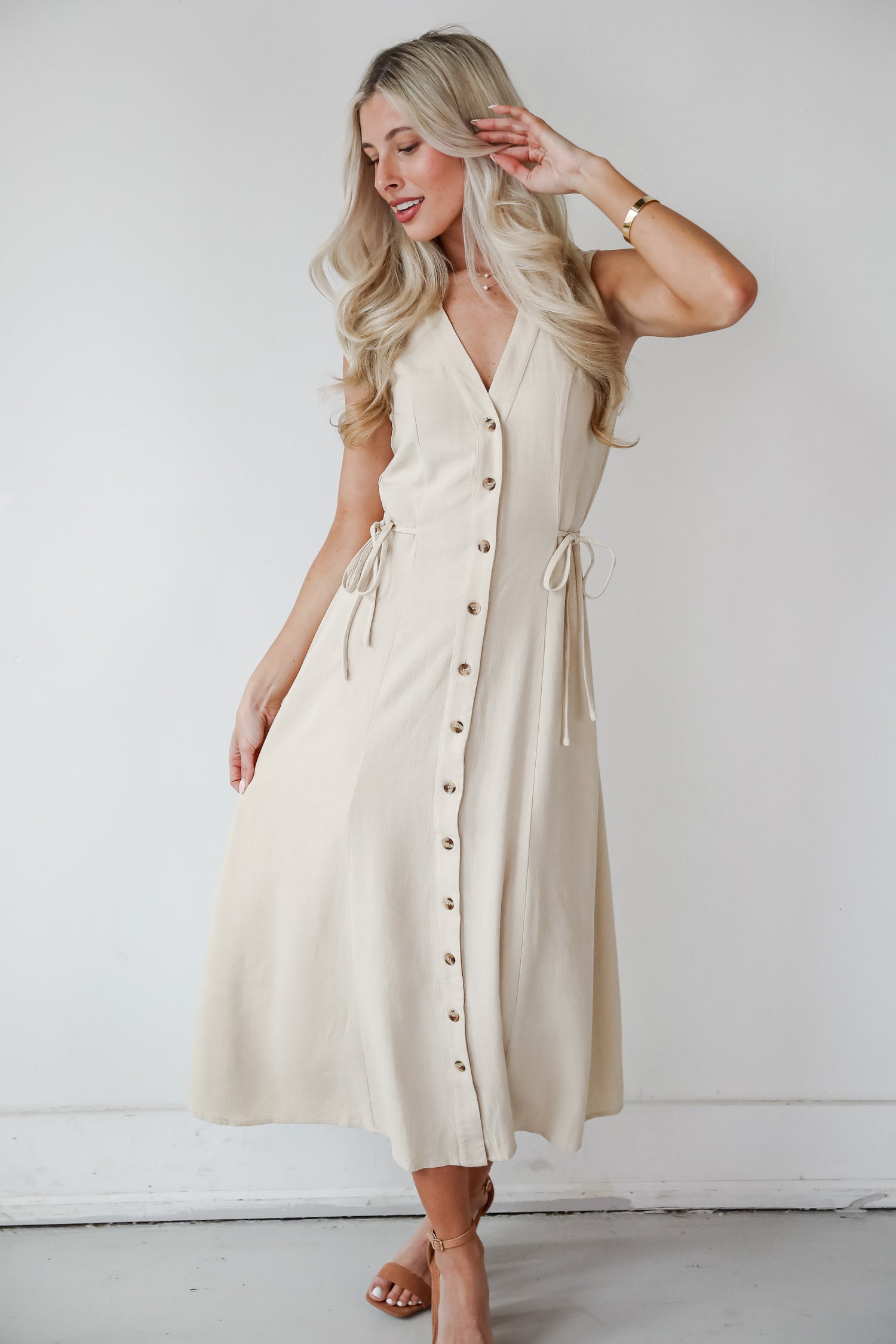 Sophisticated Company Khaki Button Front Maxi Dress