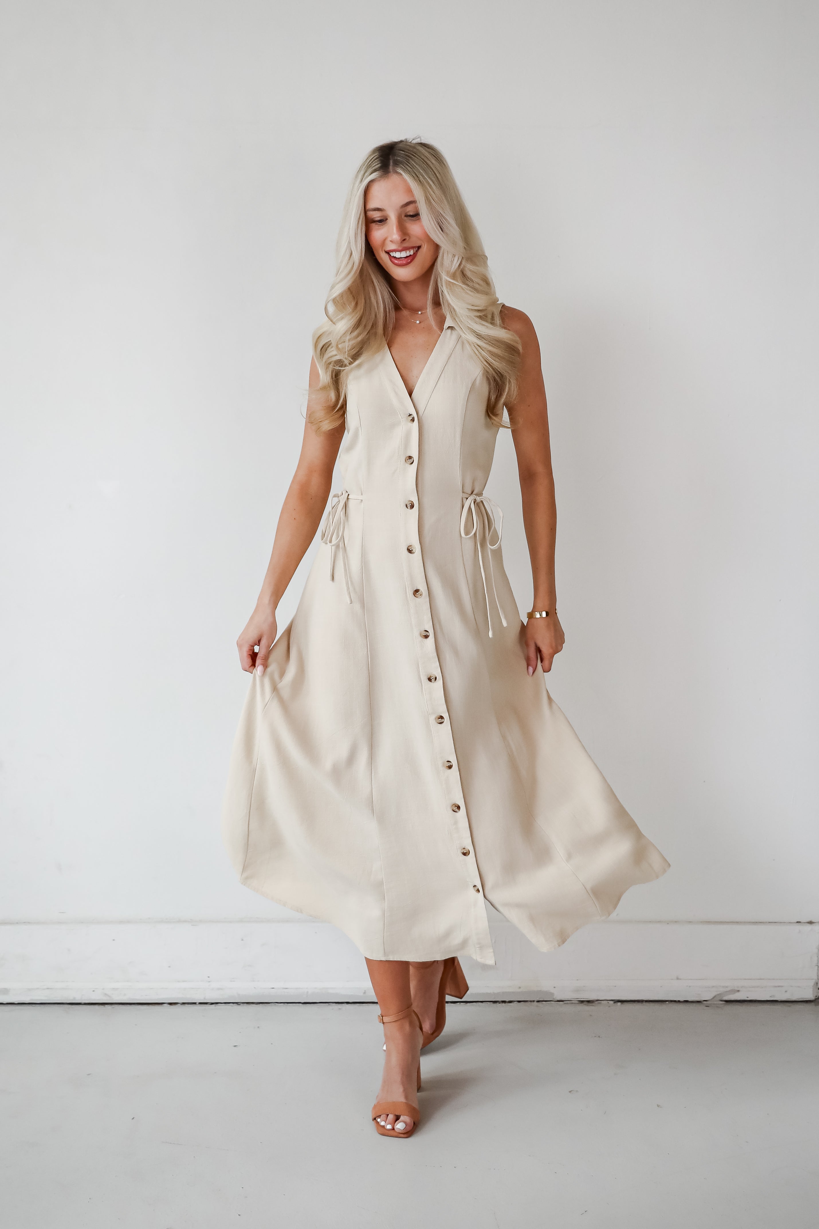 Sophisticated Company Khaki Button Front Maxi Dress