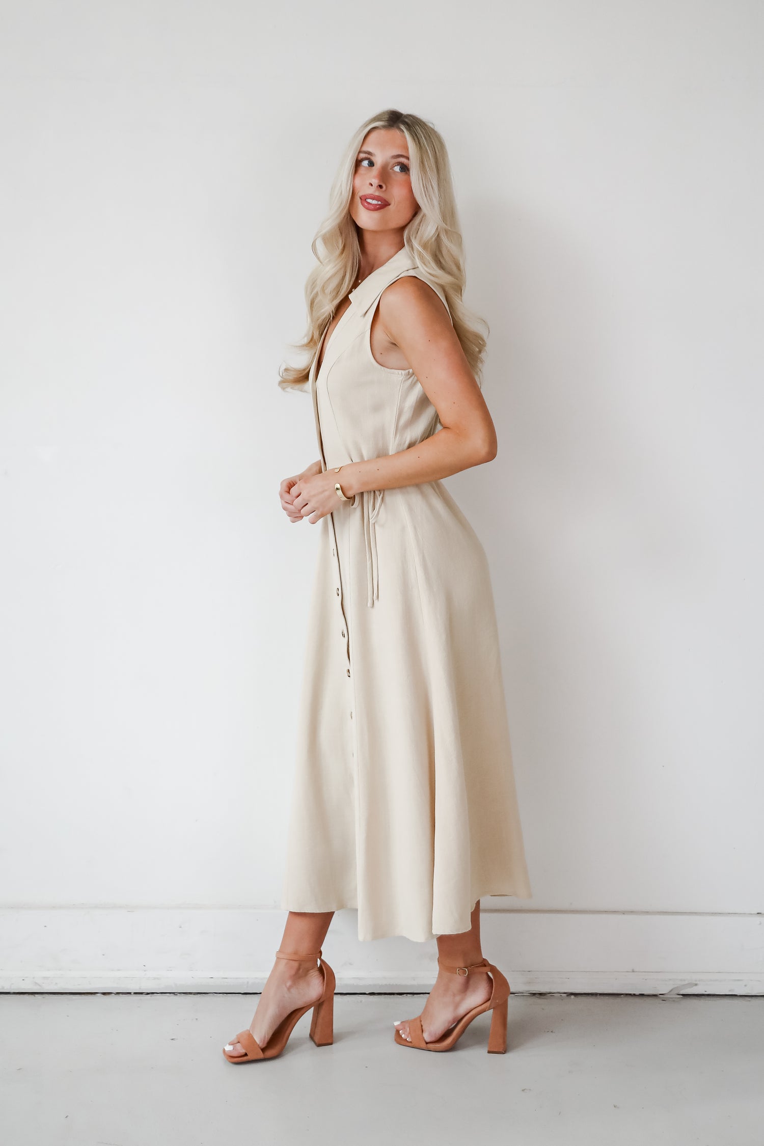 Sophisticated Company Khaki Button Front Maxi Dress