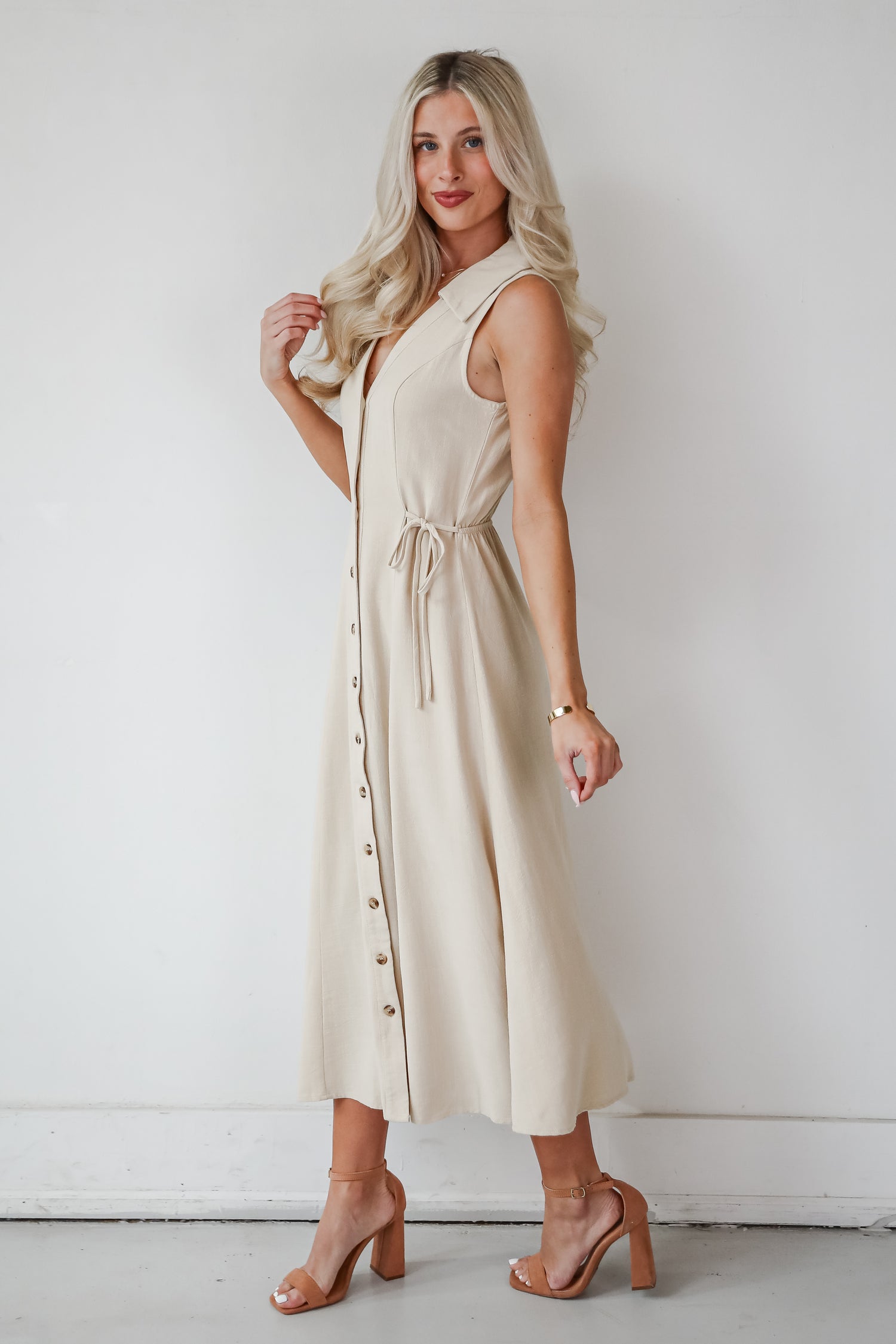 Sophisticated Company Khaki Button Front Maxi Dress