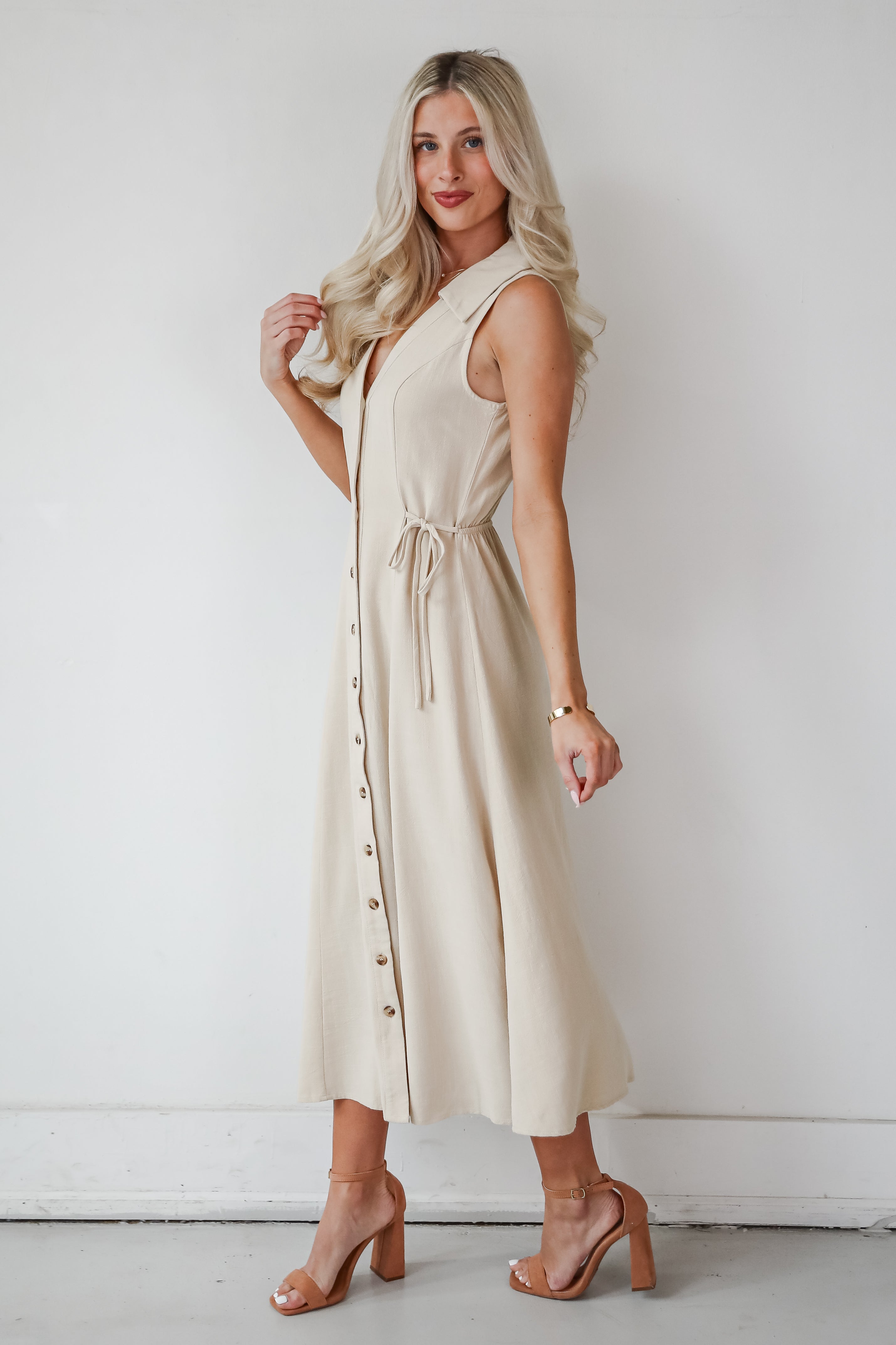 Sophisticated Company Khaki Button Front Maxi Dress