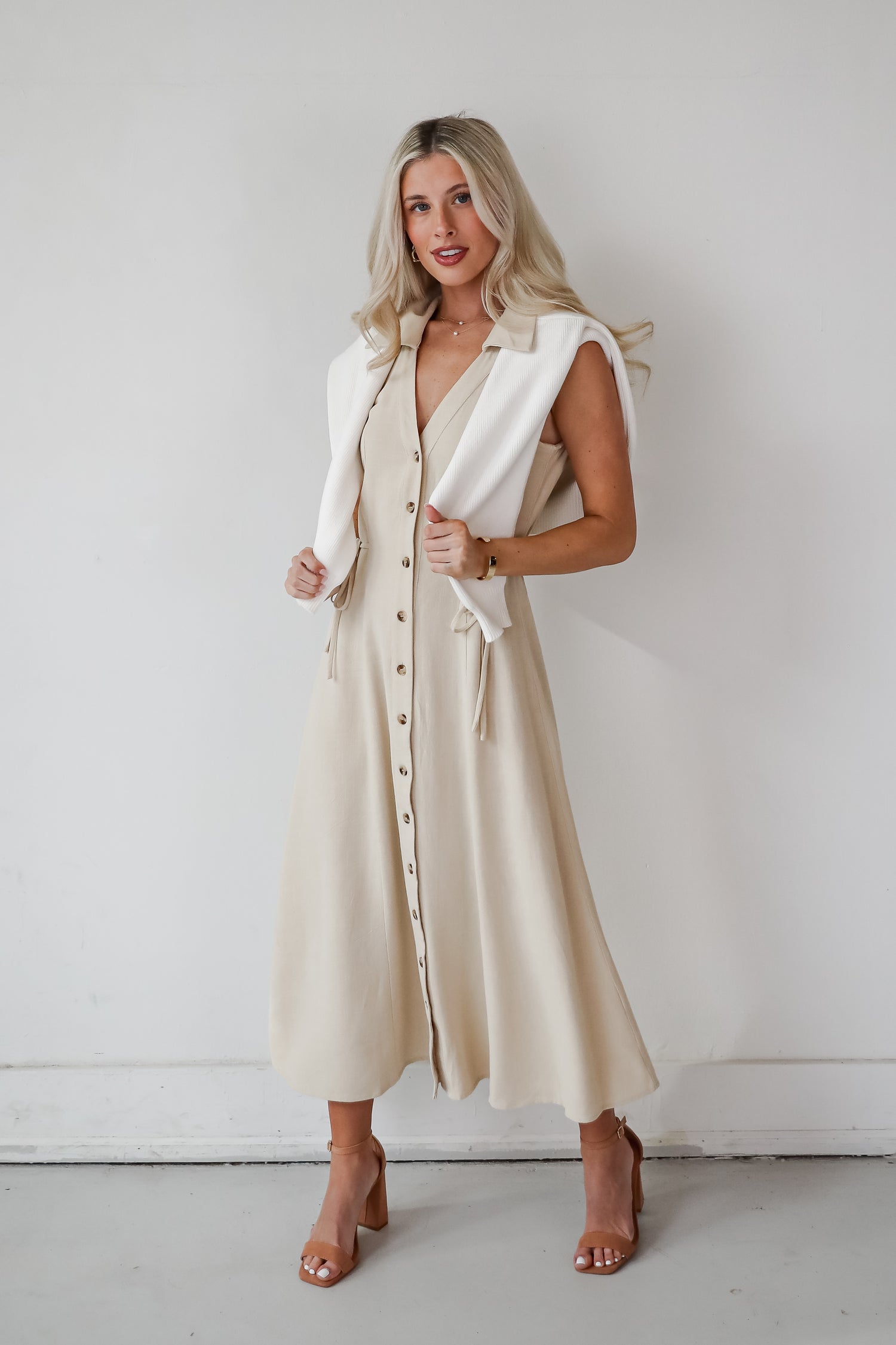 Sophisticated Company Khaki Button Front Maxi Dress