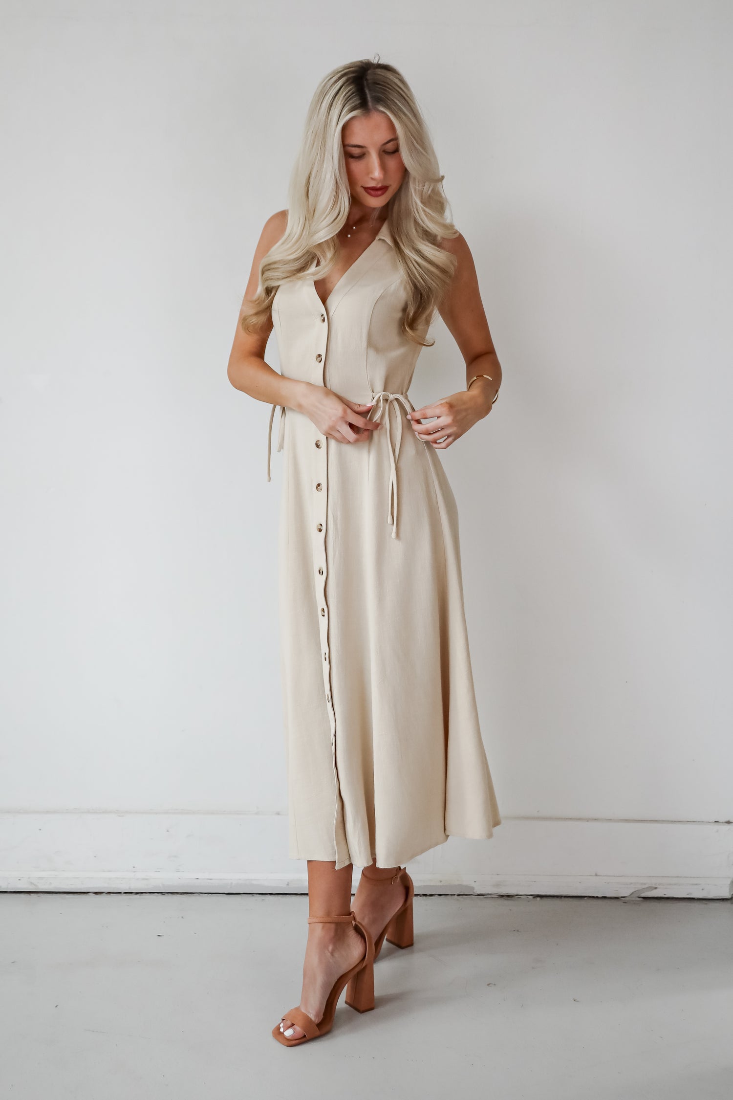 Sophisticated Company Khaki Button Front Maxi Dress