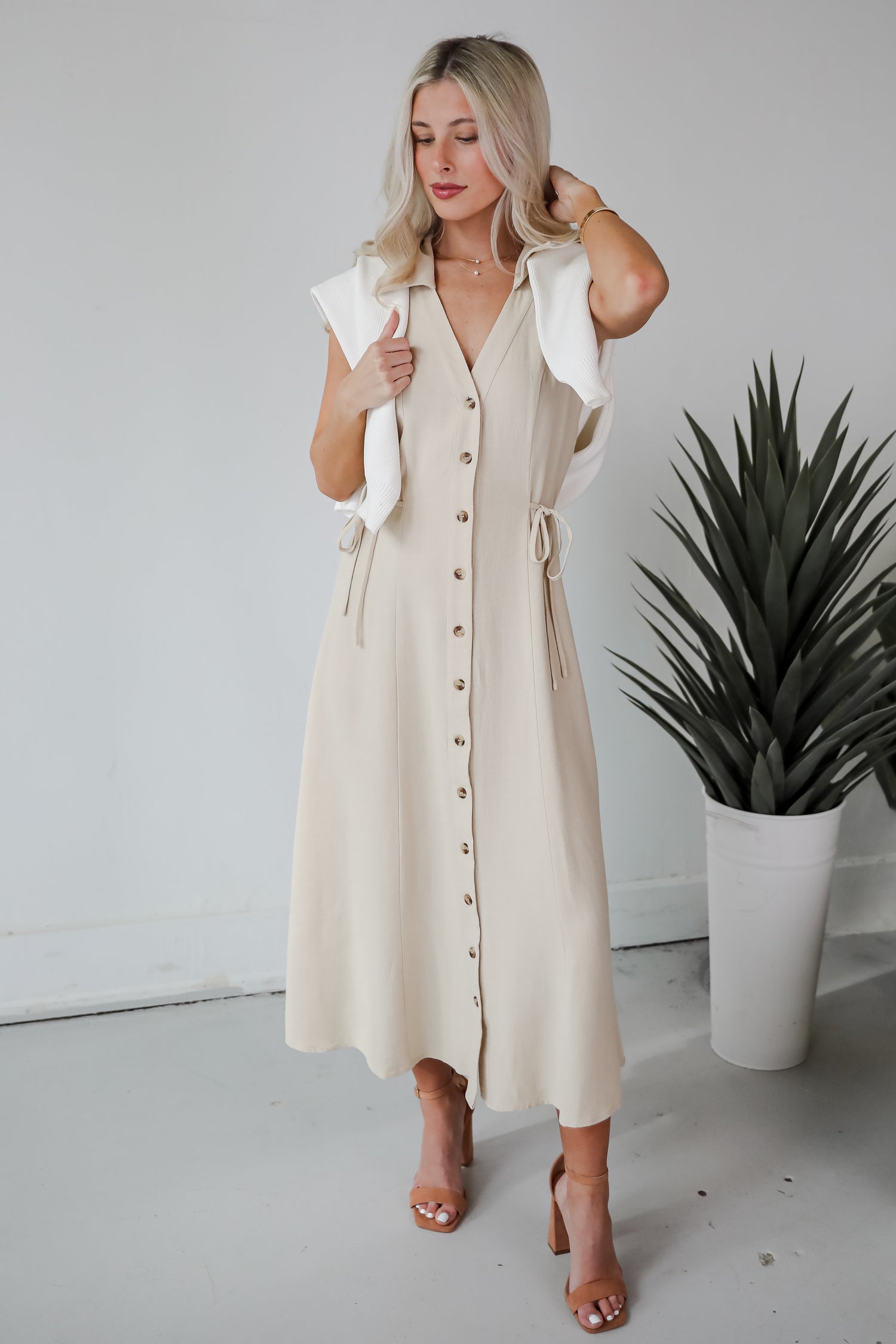 Sophisticated Company Khaki Button Front Maxi Dress