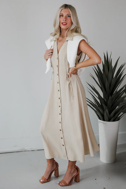 Sophisticated Company Khaki Button Front Maxi Dress