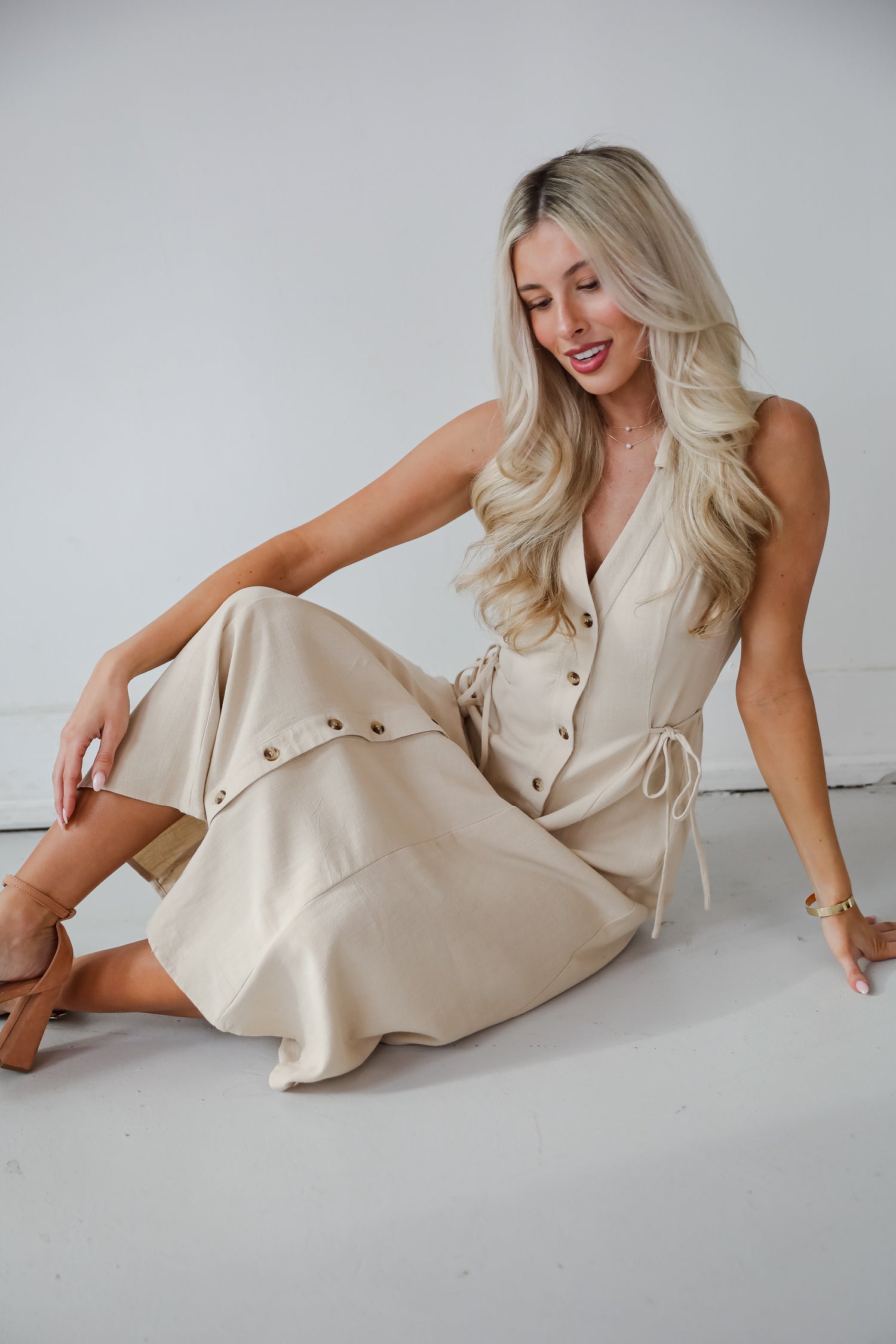 Sophisticated Company Khaki Button Front Maxi Dress