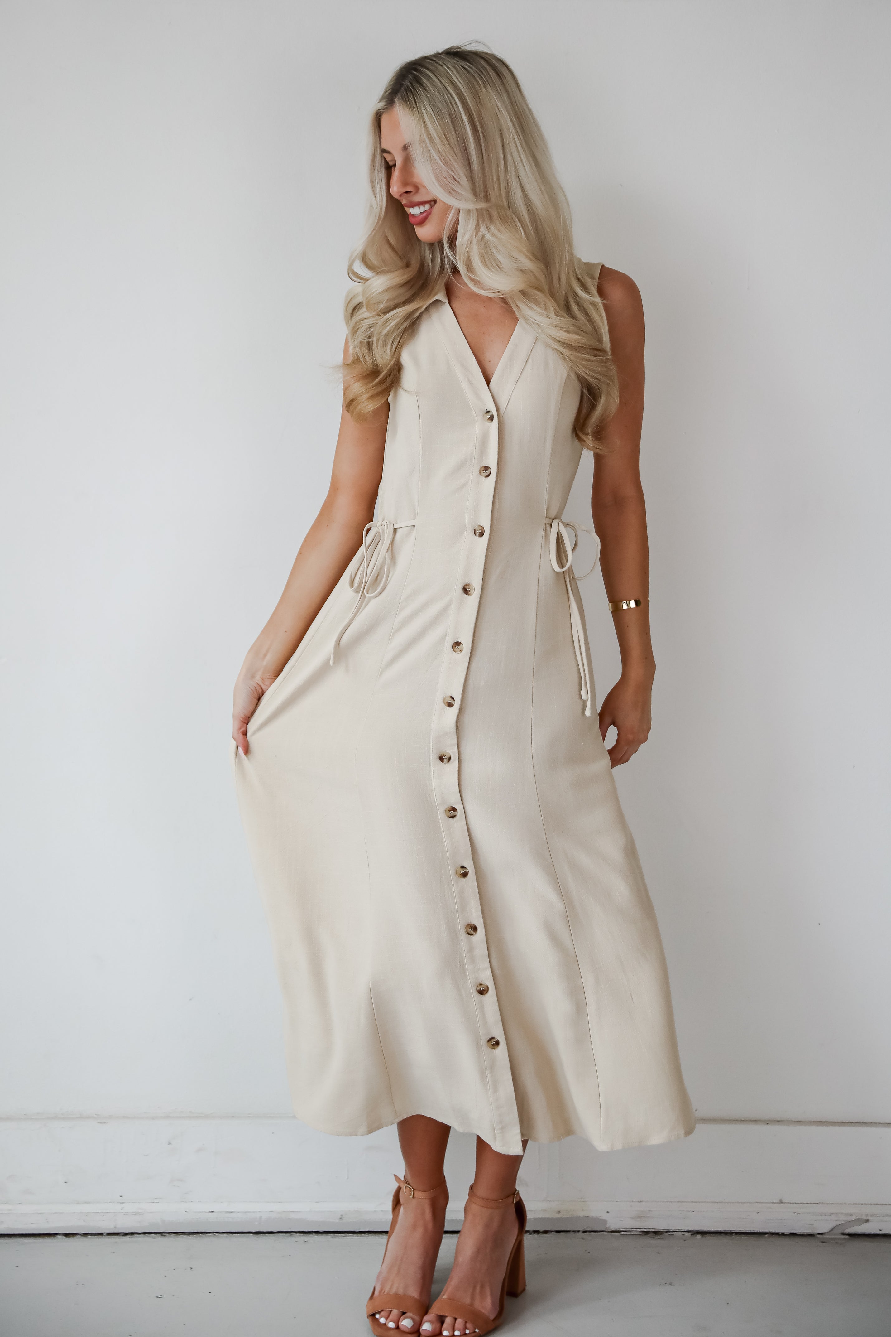 Sophisticated Company Khaki Button Front Maxi Dress