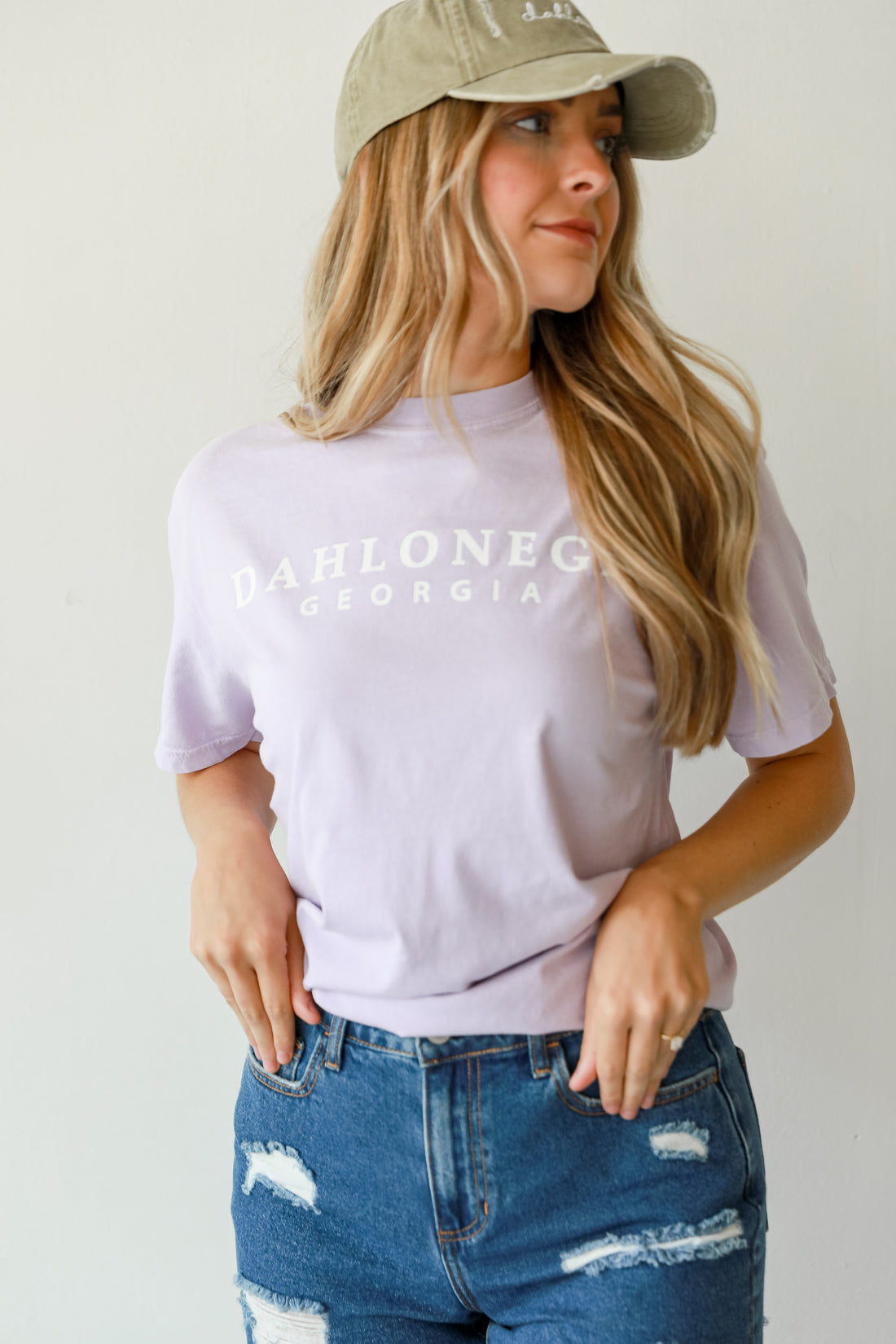 Lavender Dahlonega Georgia Block Letter Tee on model