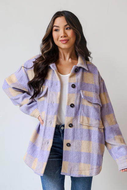 Lavender Plaid Shacket front view