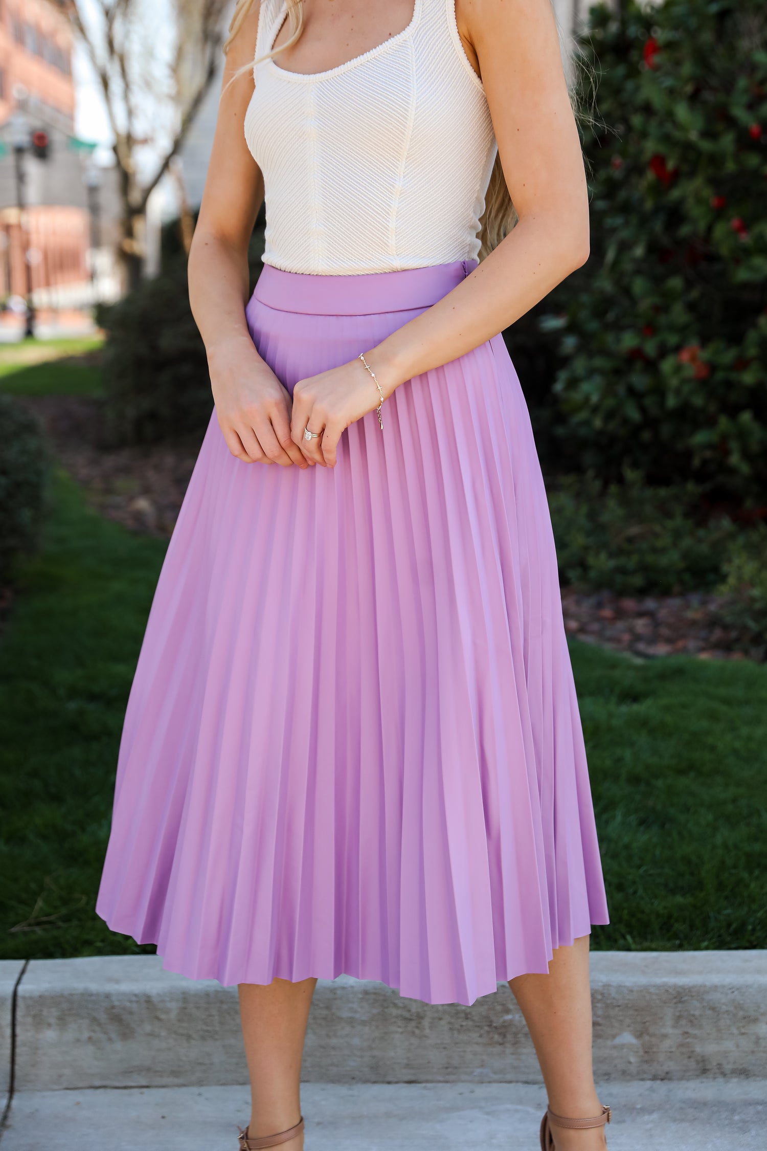 Lavender Leather Pleated Midi Skirt