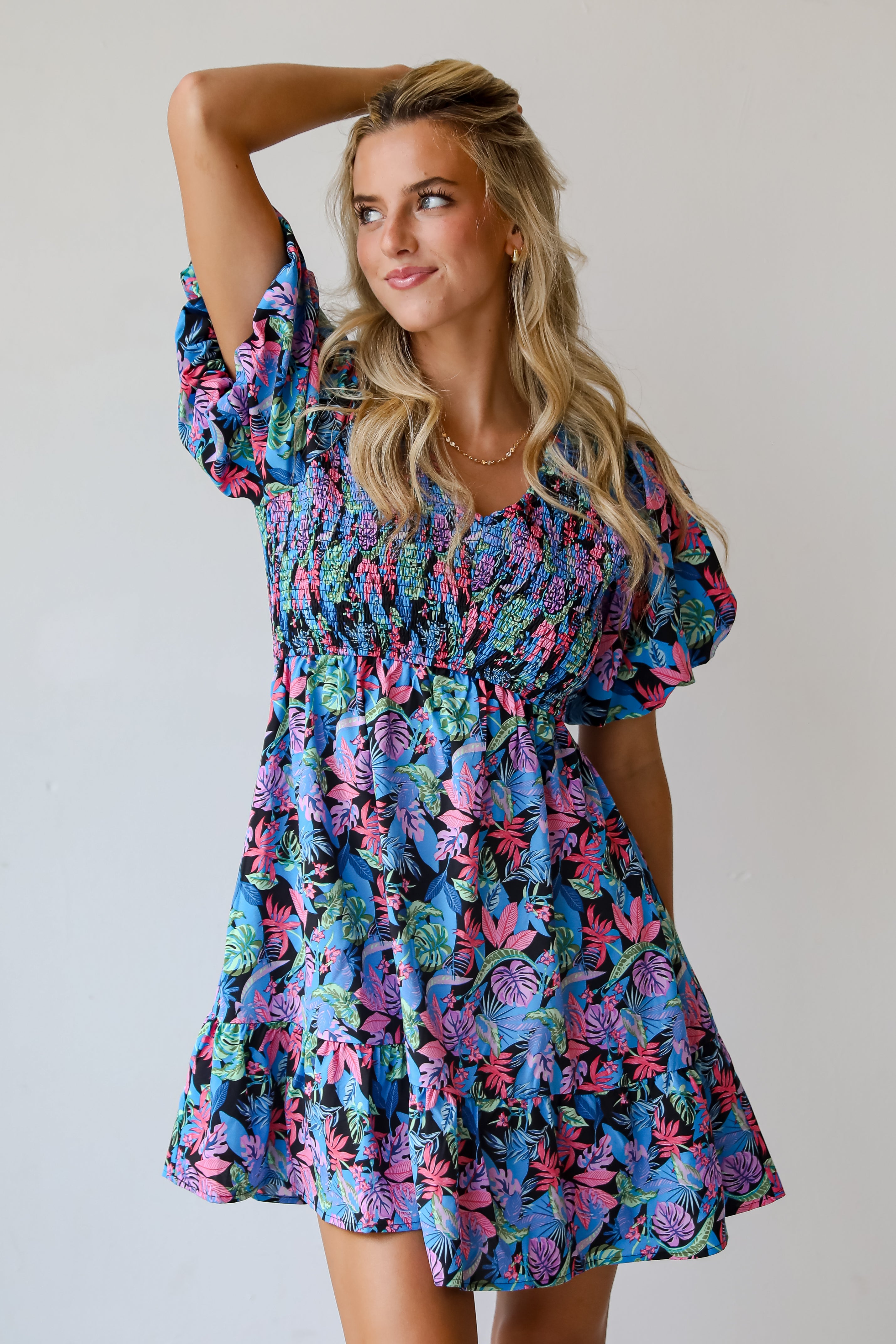 Bahama Beauty Blue Leaf Print Mini Dress