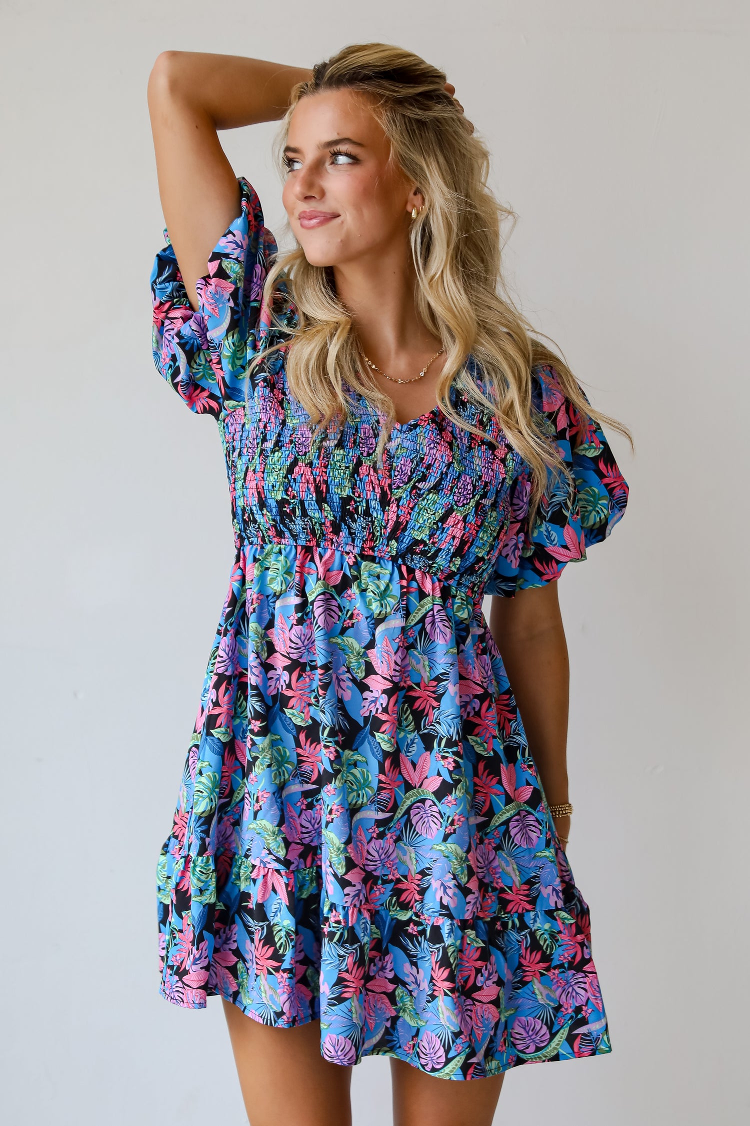 Bahama Beauty Blue Leaf Print Mini Dress