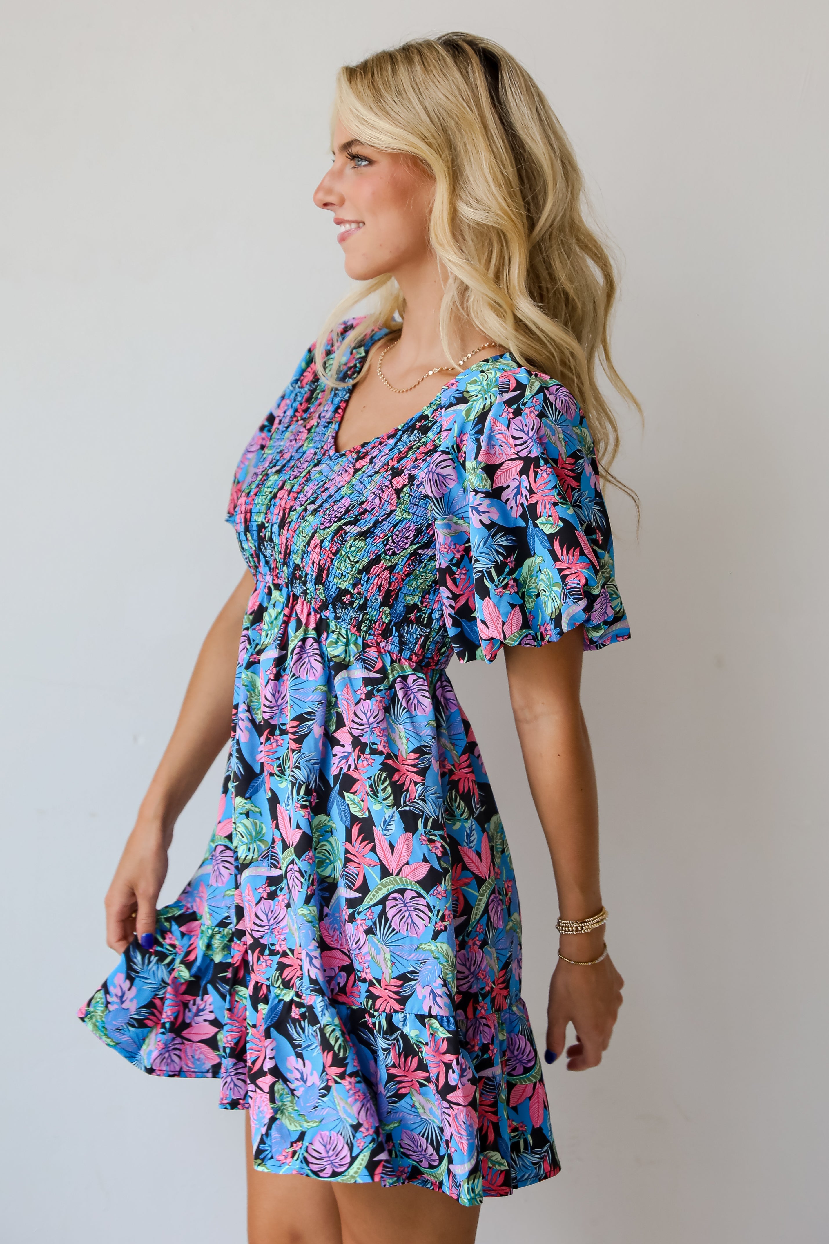 Bahama Beauty Blue Leaf Print Mini Dress