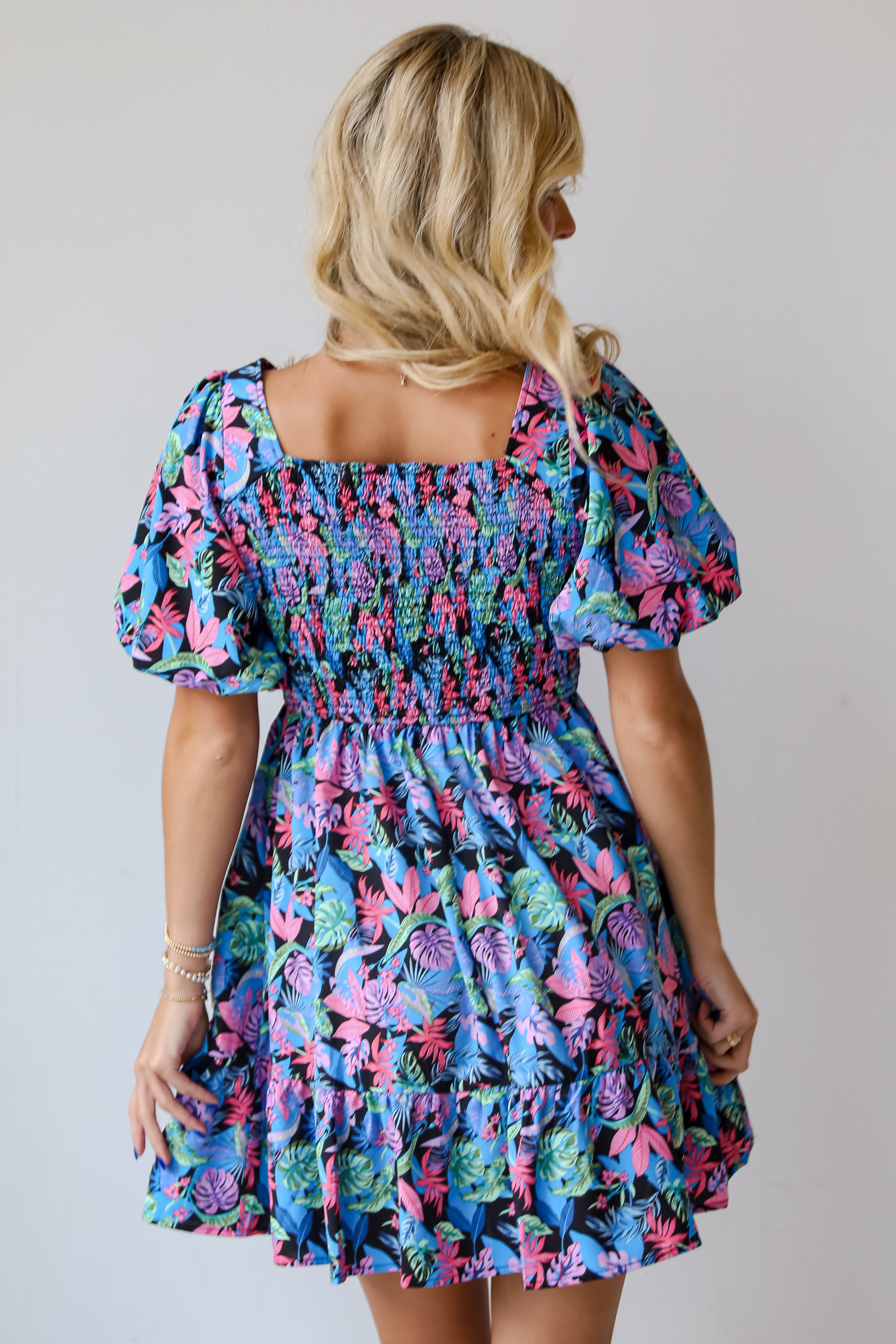 Bahama Beauty Blue Leaf Print Mini Dress