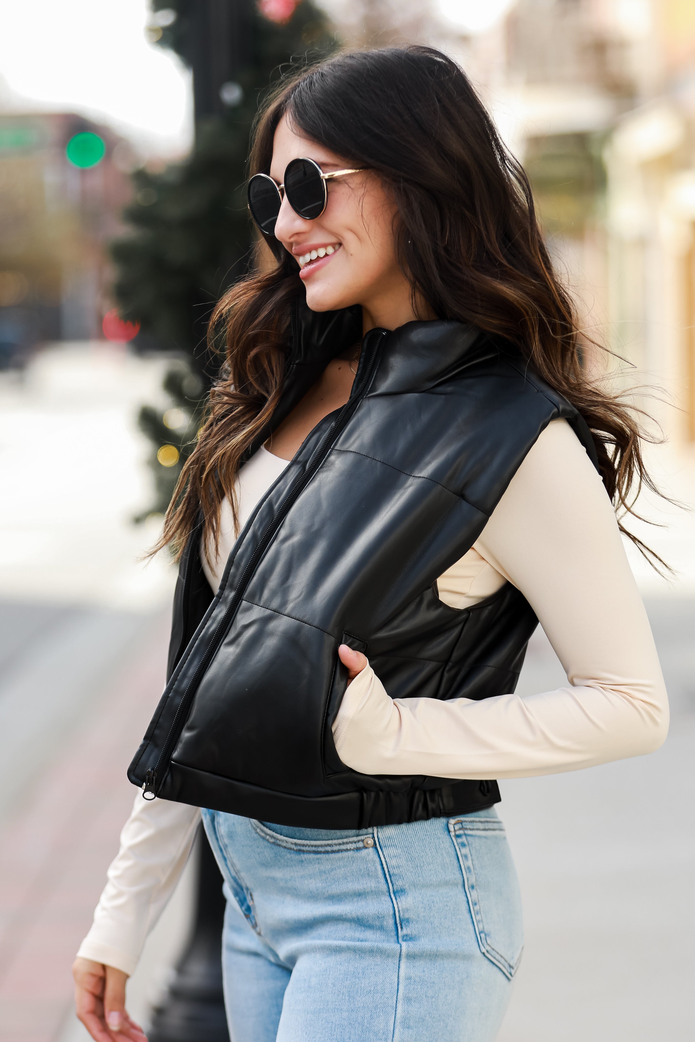 trendy black Leather Puffer Vest