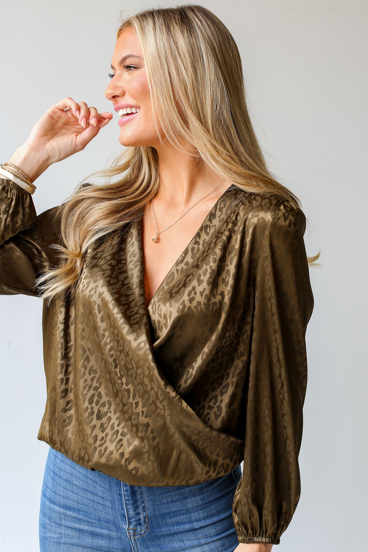 trendy Olive Leopard Surplice Blouse