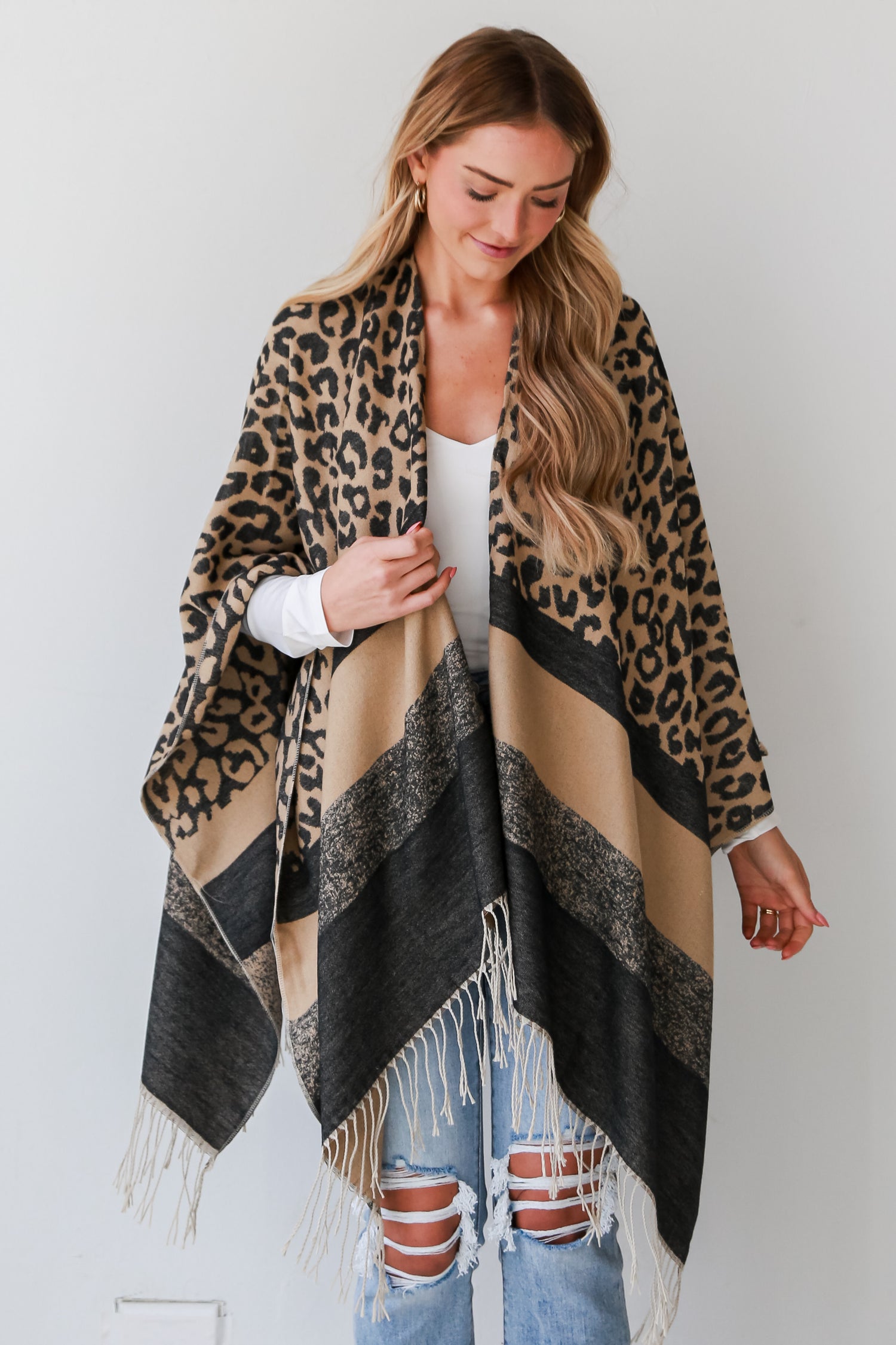 trendy Brown Leopard Fringe Shawl